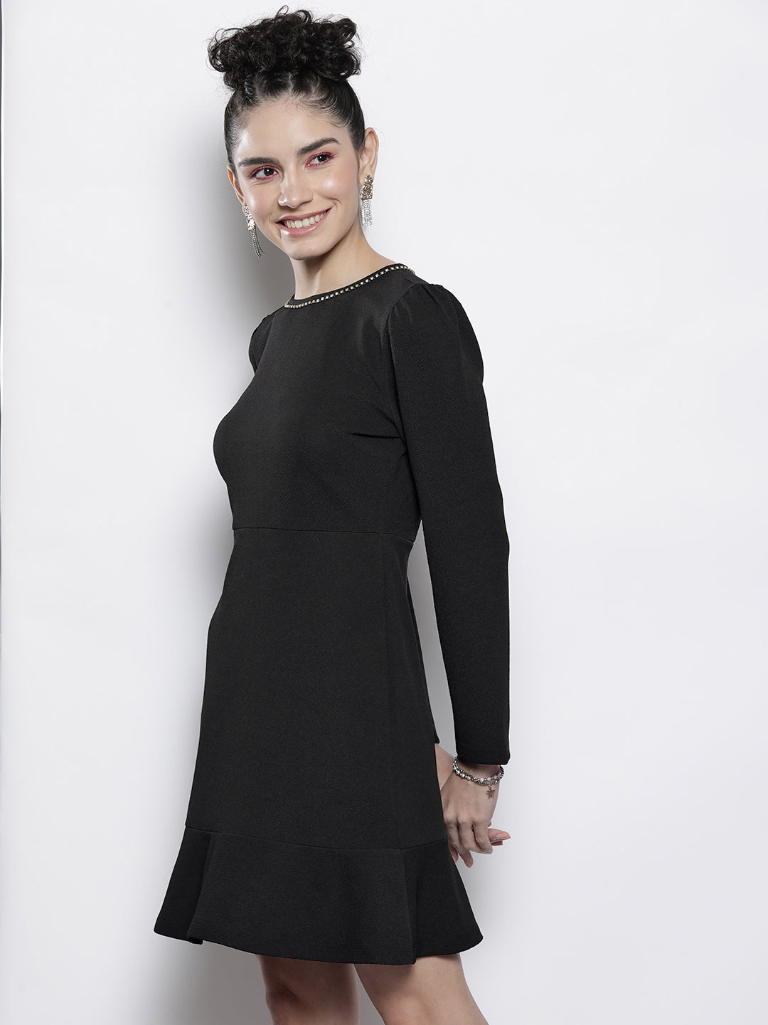 Women Black Frill Hem Knit Dress