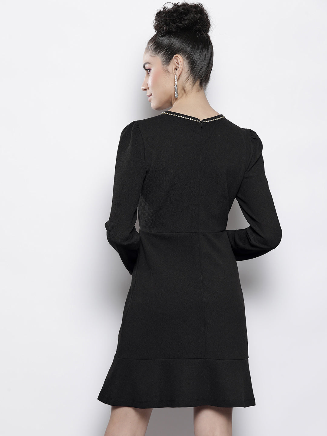 Women Black Frill Hem Knit Dress