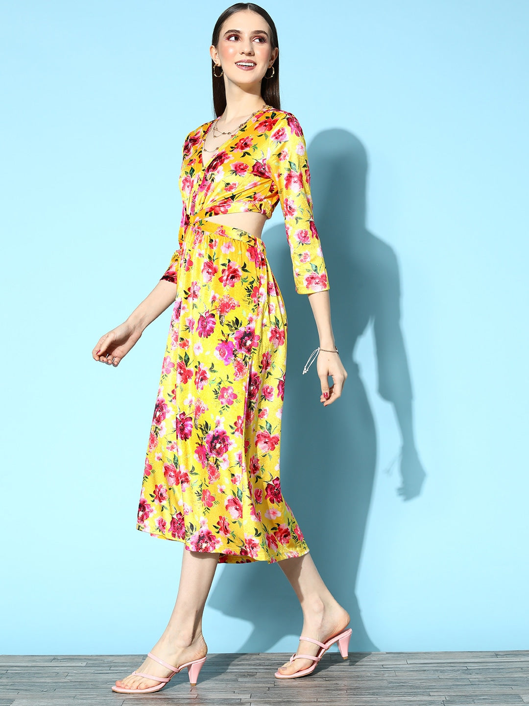 Women Yellow Floral Velvet Side Cut-Out Midi Dress