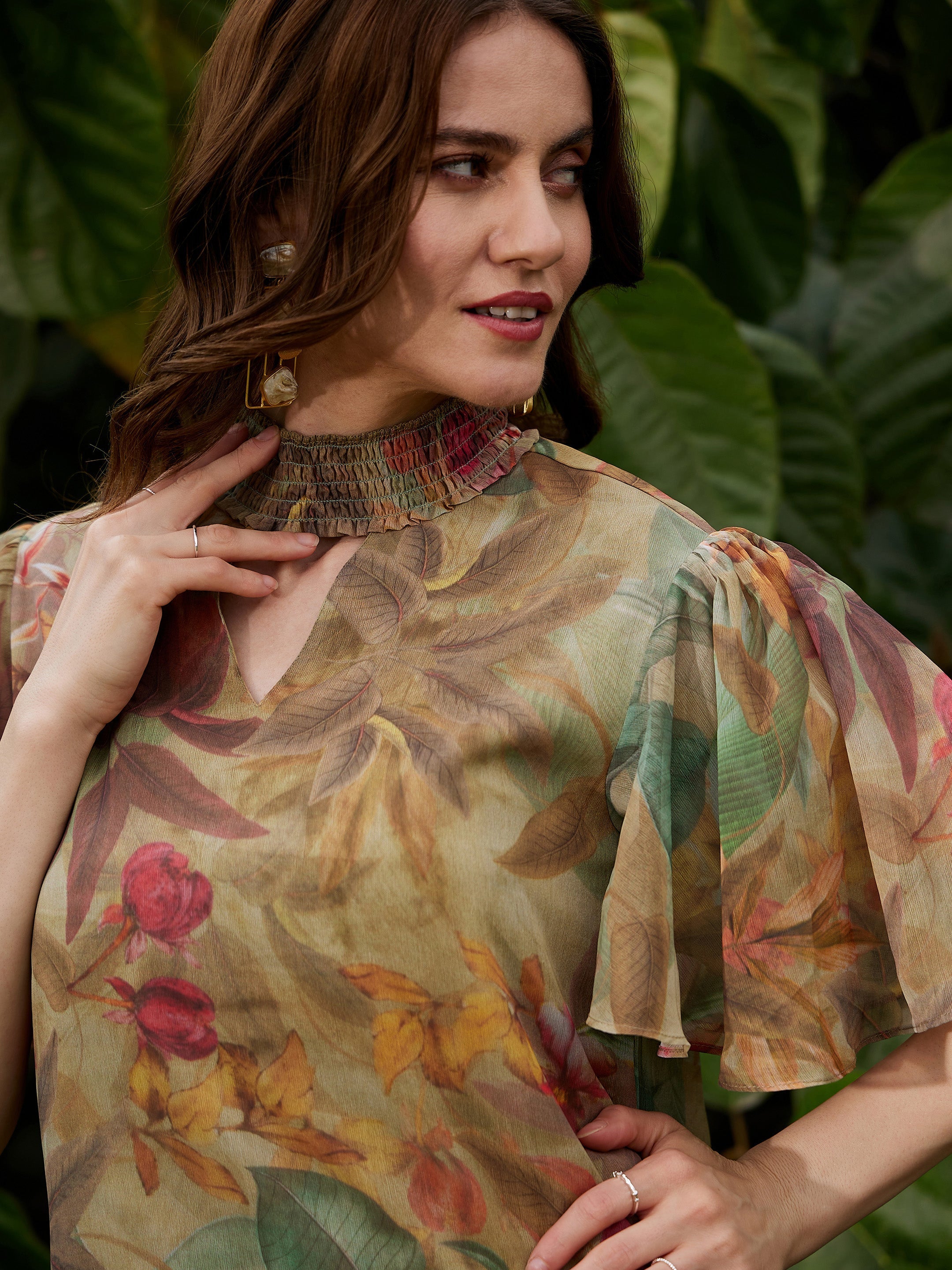 Women Green Jungle Printed Tiered Short Dress