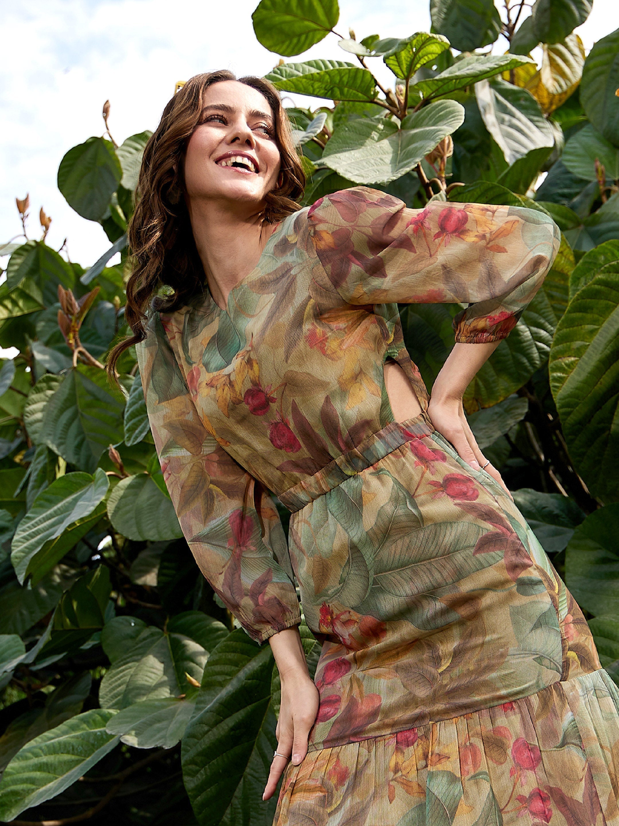 Women Green Jungle Printed Waist Cut Out Maxi Dress