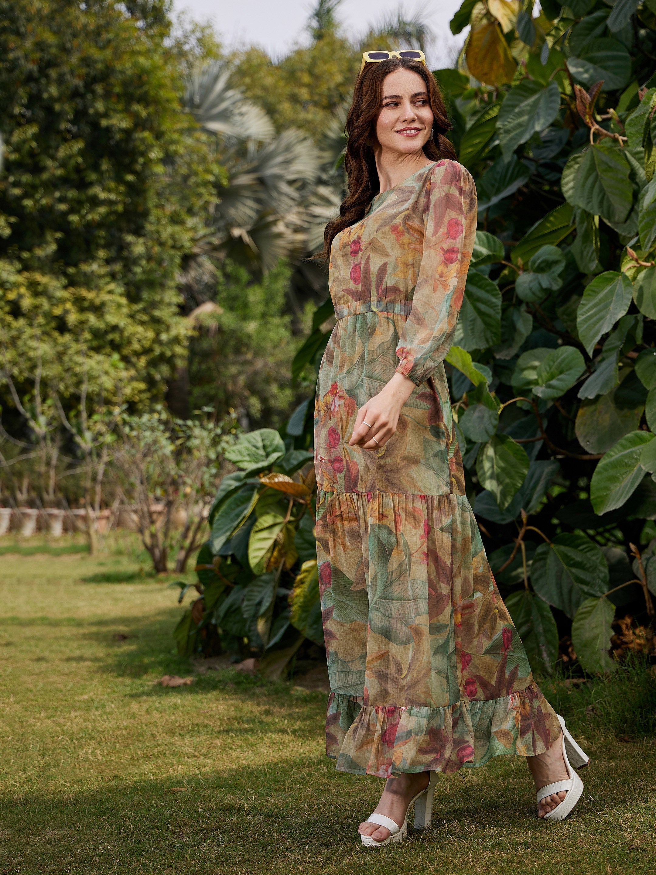 Women Green Jungle Printed Waist Cut Out Maxi Dress