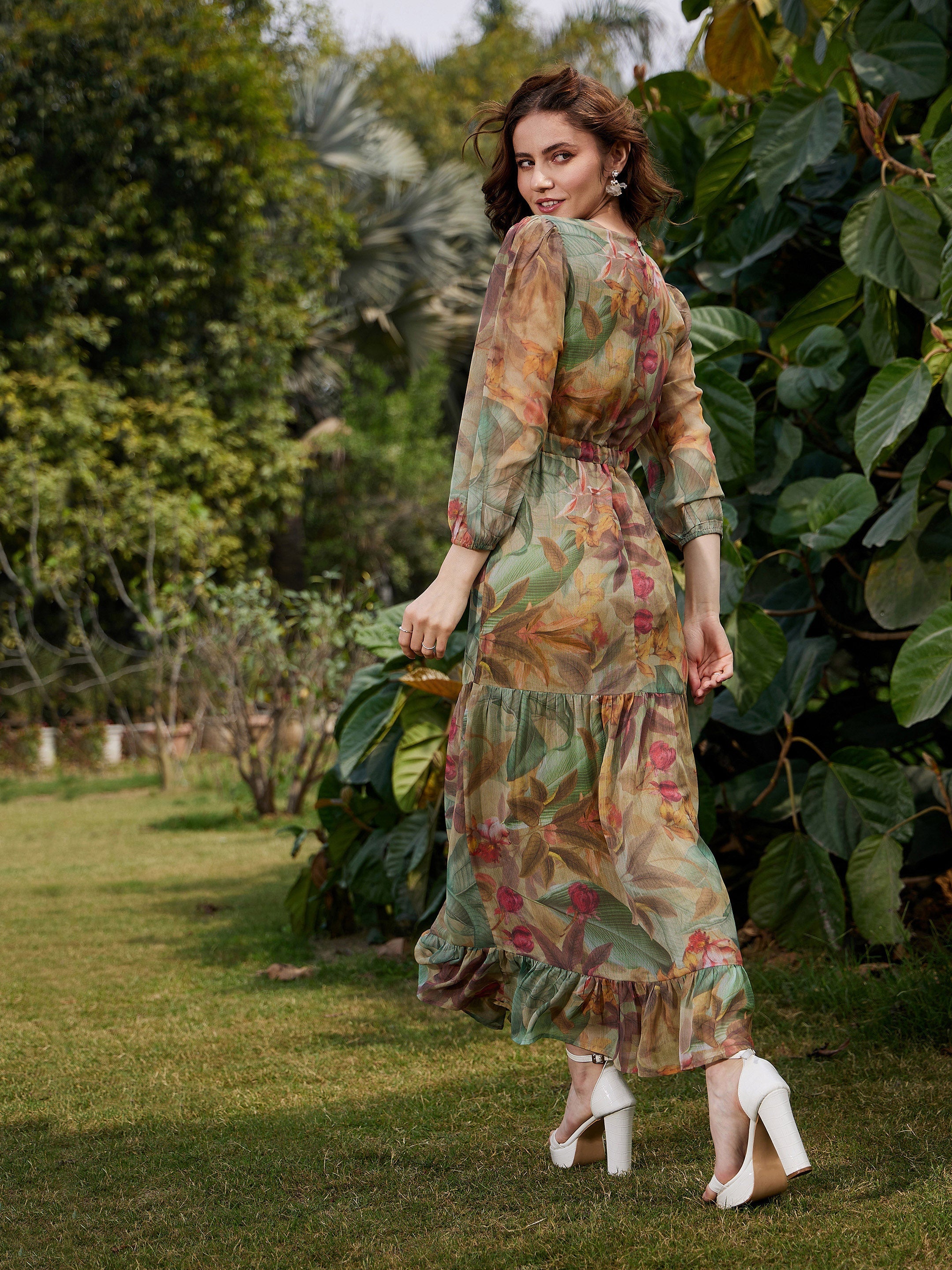 Women Green Jungle Printed Waist Cut Out Maxi Dress