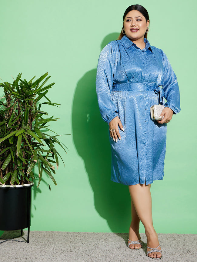 Blue Satin Jacquard Belted Shirt Dress-SASSAFRAS Curve