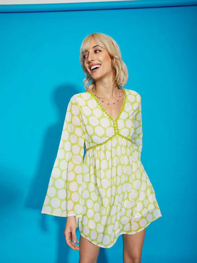 Women Green Polka Dot Flared Sleeve Skater Dress