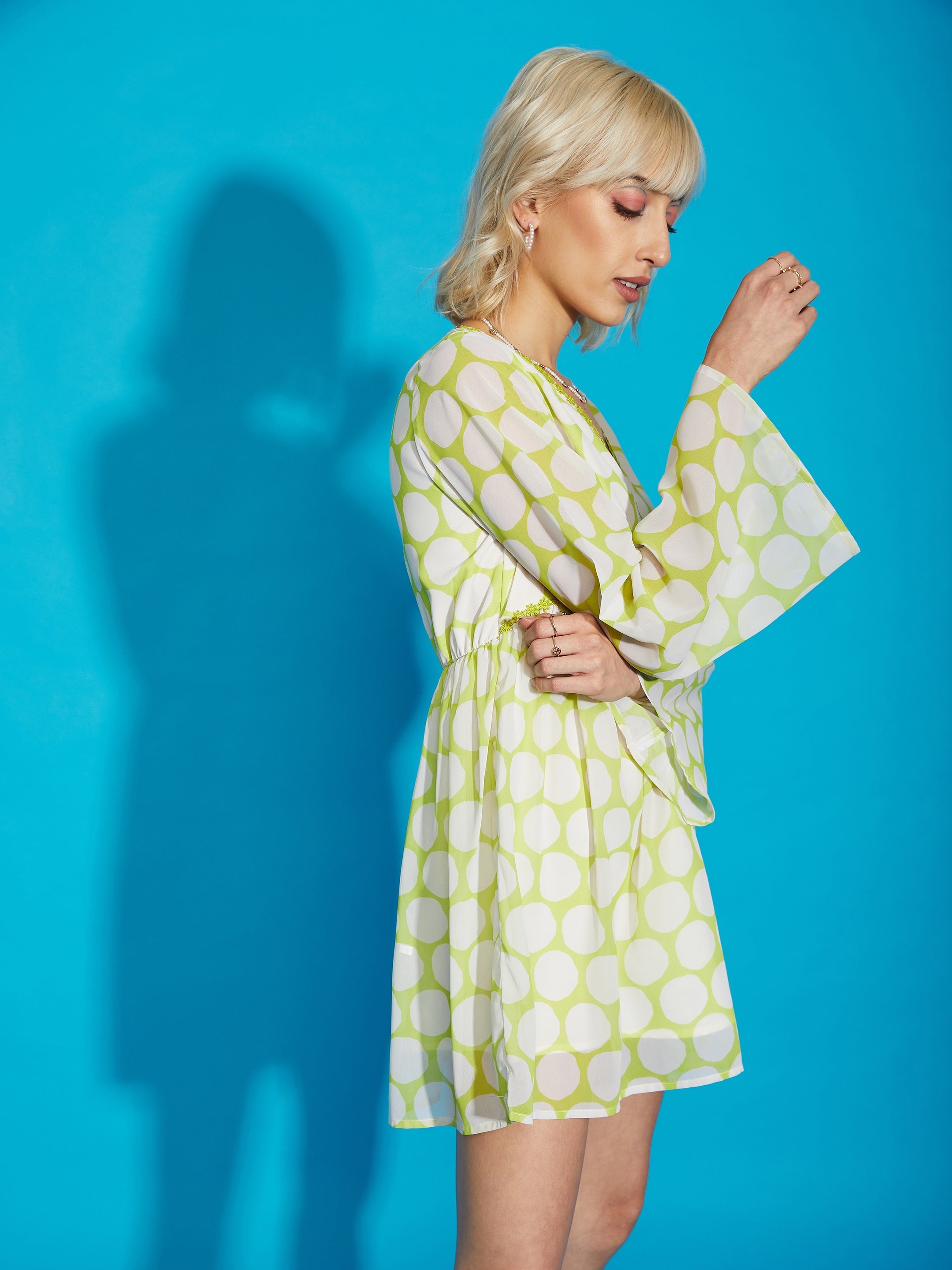Women Green Polka Dot Flared Sleeve Skater Dress