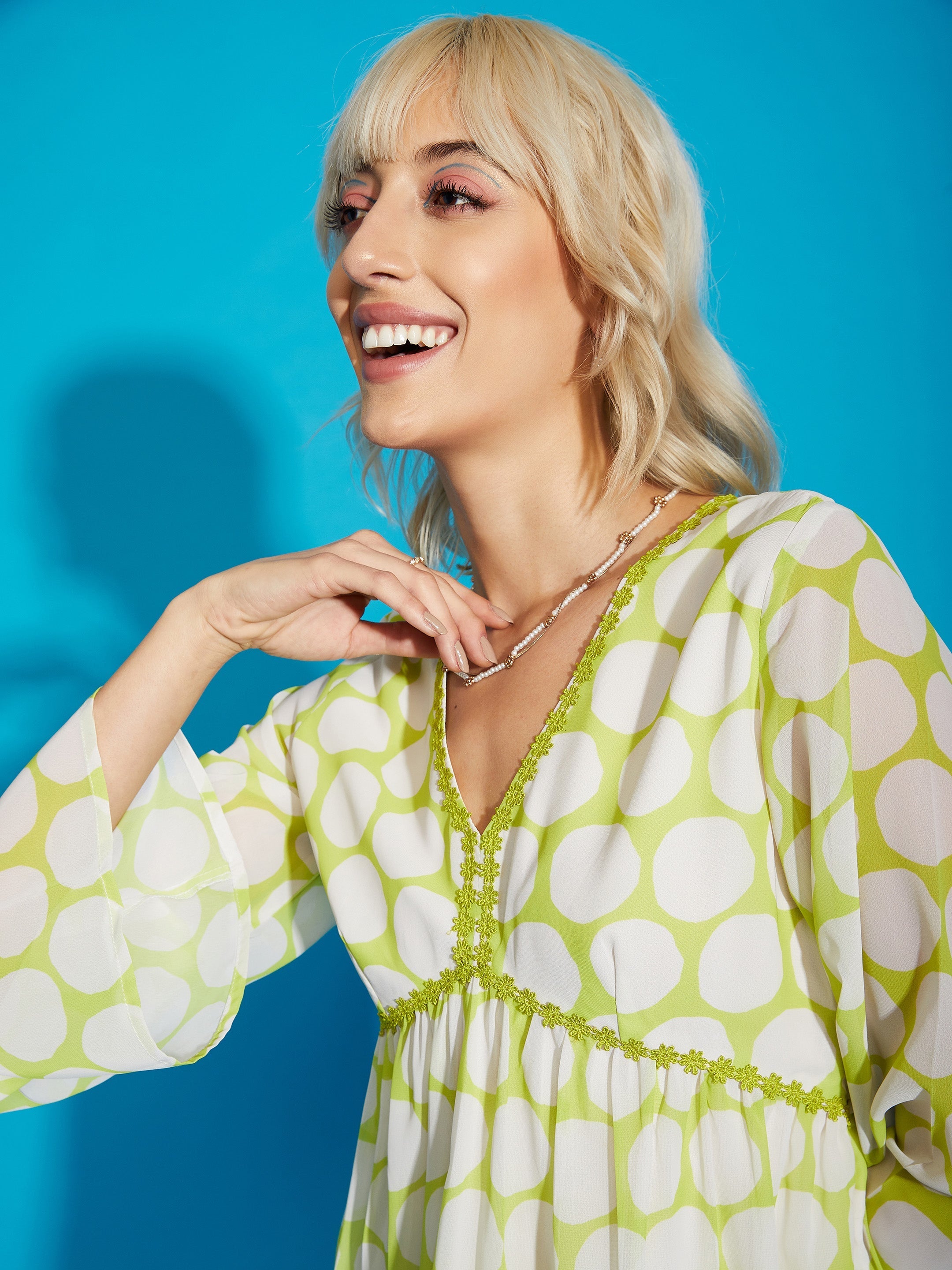 Women Green Polka Dot Flared Sleeve Skater Dress