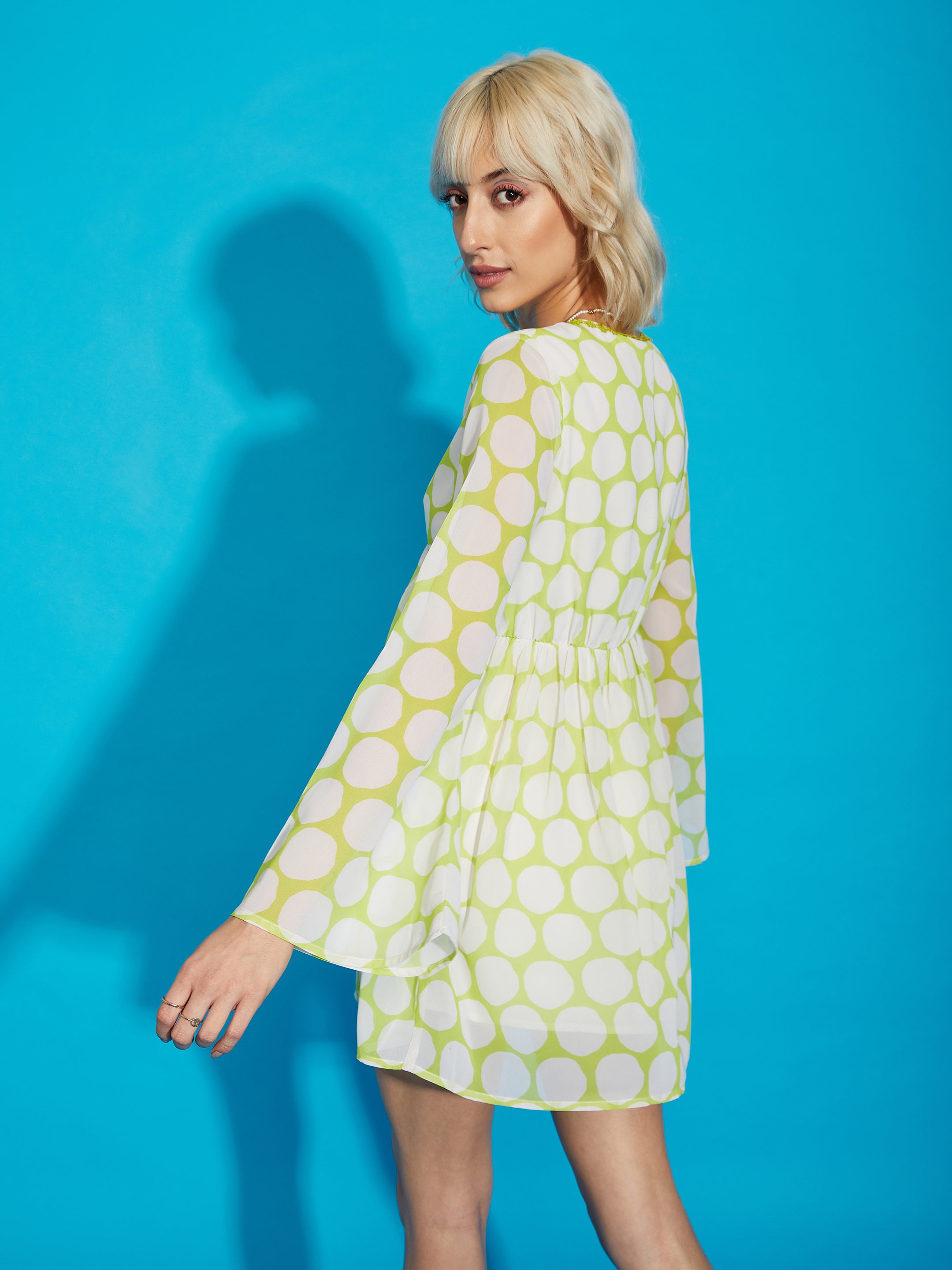 Women Green Polka Dot Flared Sleeve Skater Dress