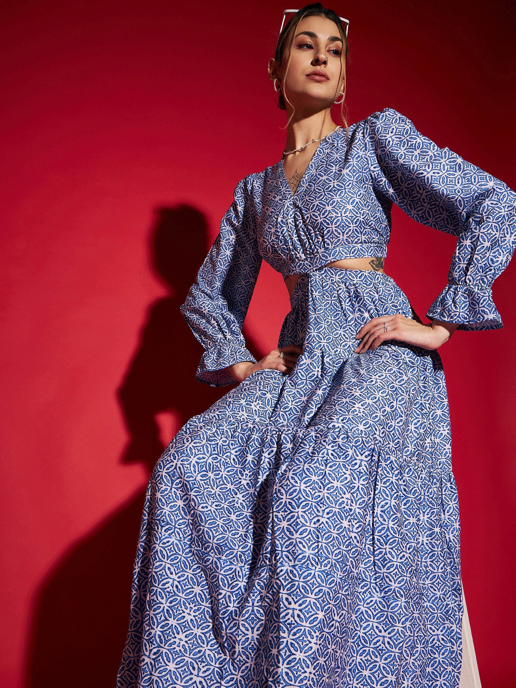 Women Blue Mughal Printed Waist Cut-Out Maxi Dress