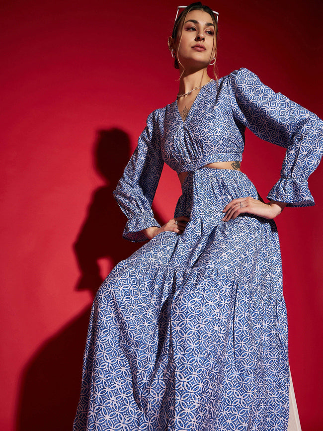 Women Blue Mughal Printed Waist Cut-Out Maxi Dress