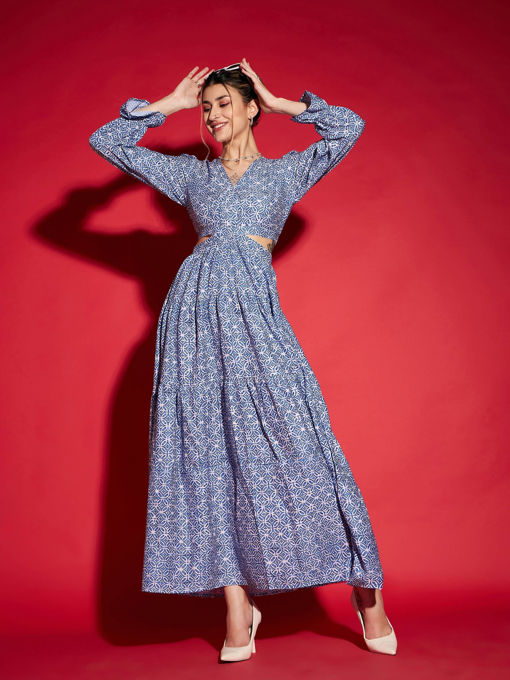 Women Blue Mughal Printed Waist Cut-Out Maxi Dress