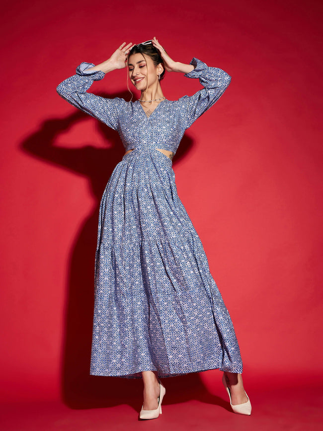 Women Blue Mughal Printed Waist Cut-Out Maxi Dress