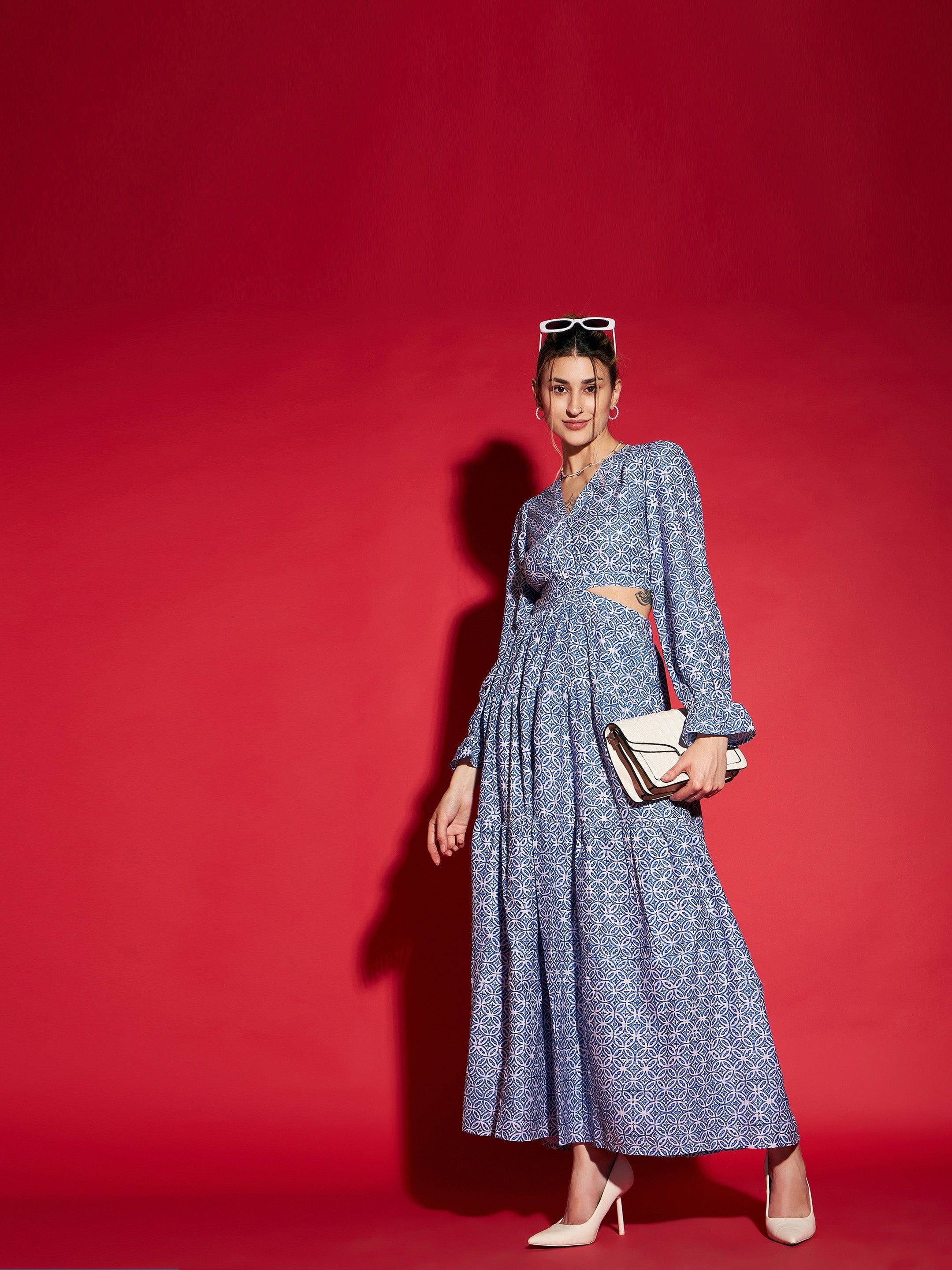 Women Blue Mughal Printed Waist Cut-Out Maxi Dress