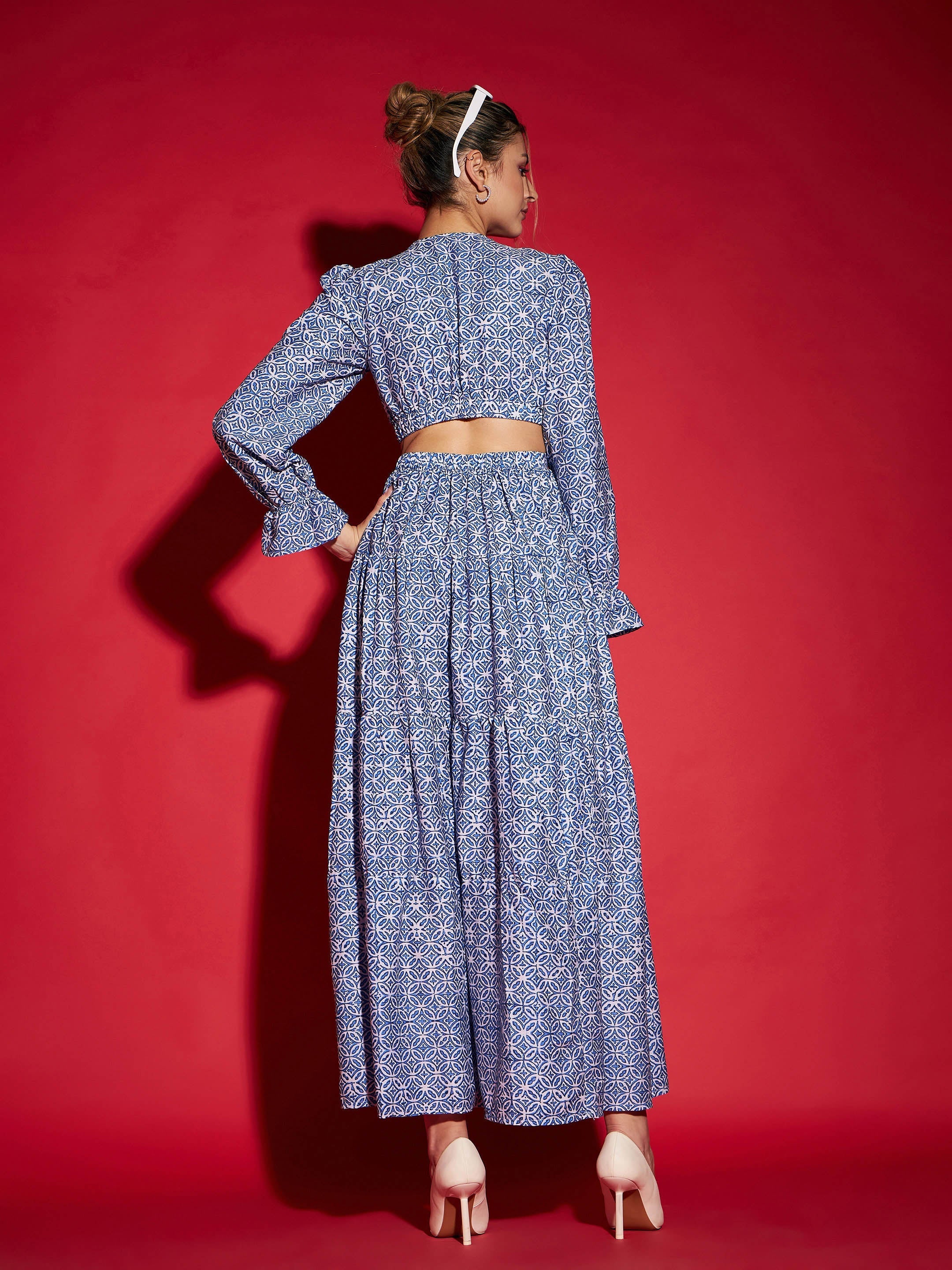 Women Blue Mughal Printed Waist Cut-Out Maxi Dress