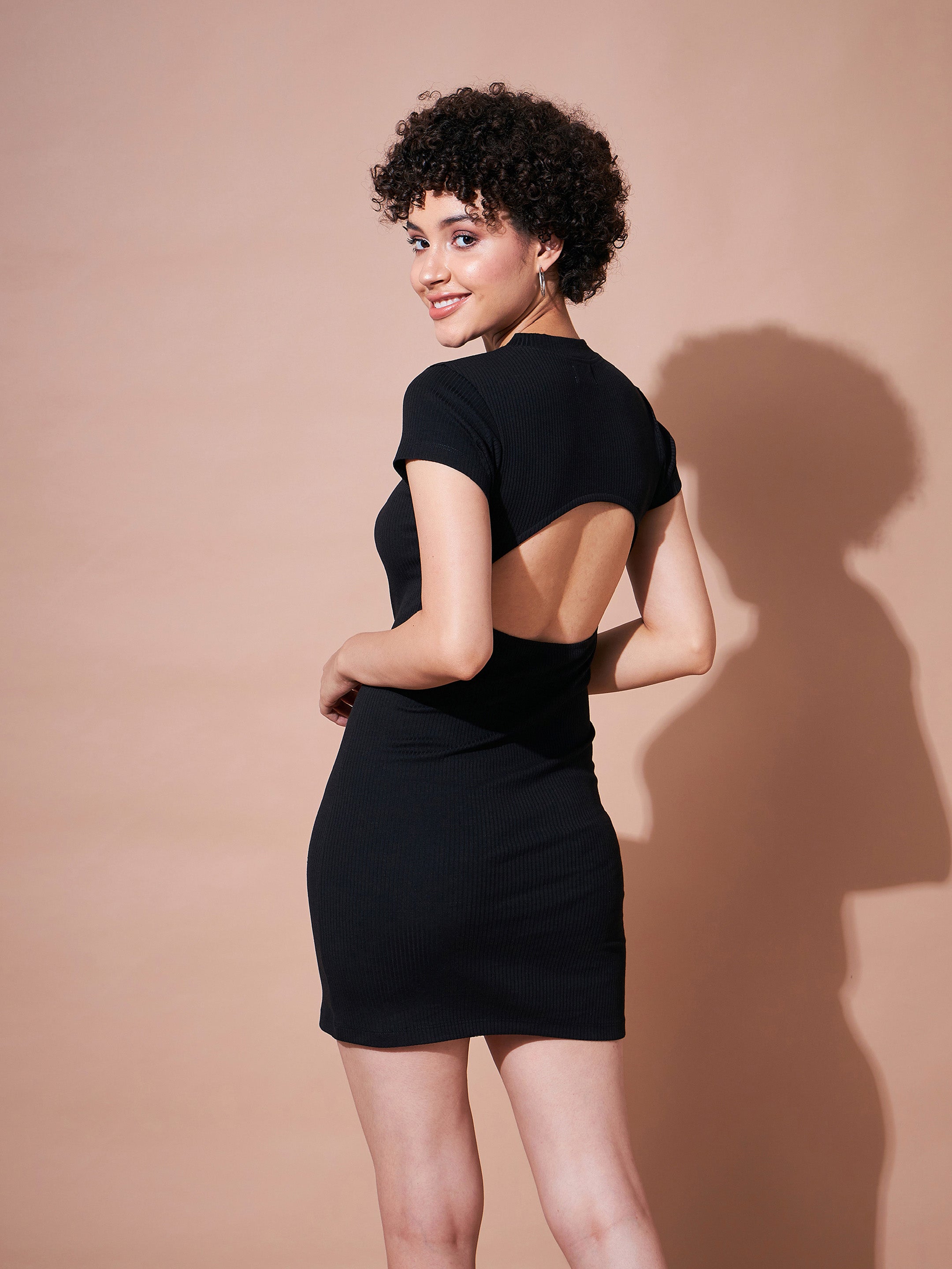 Women Black Rib Back Cut Out Bodycon Dress