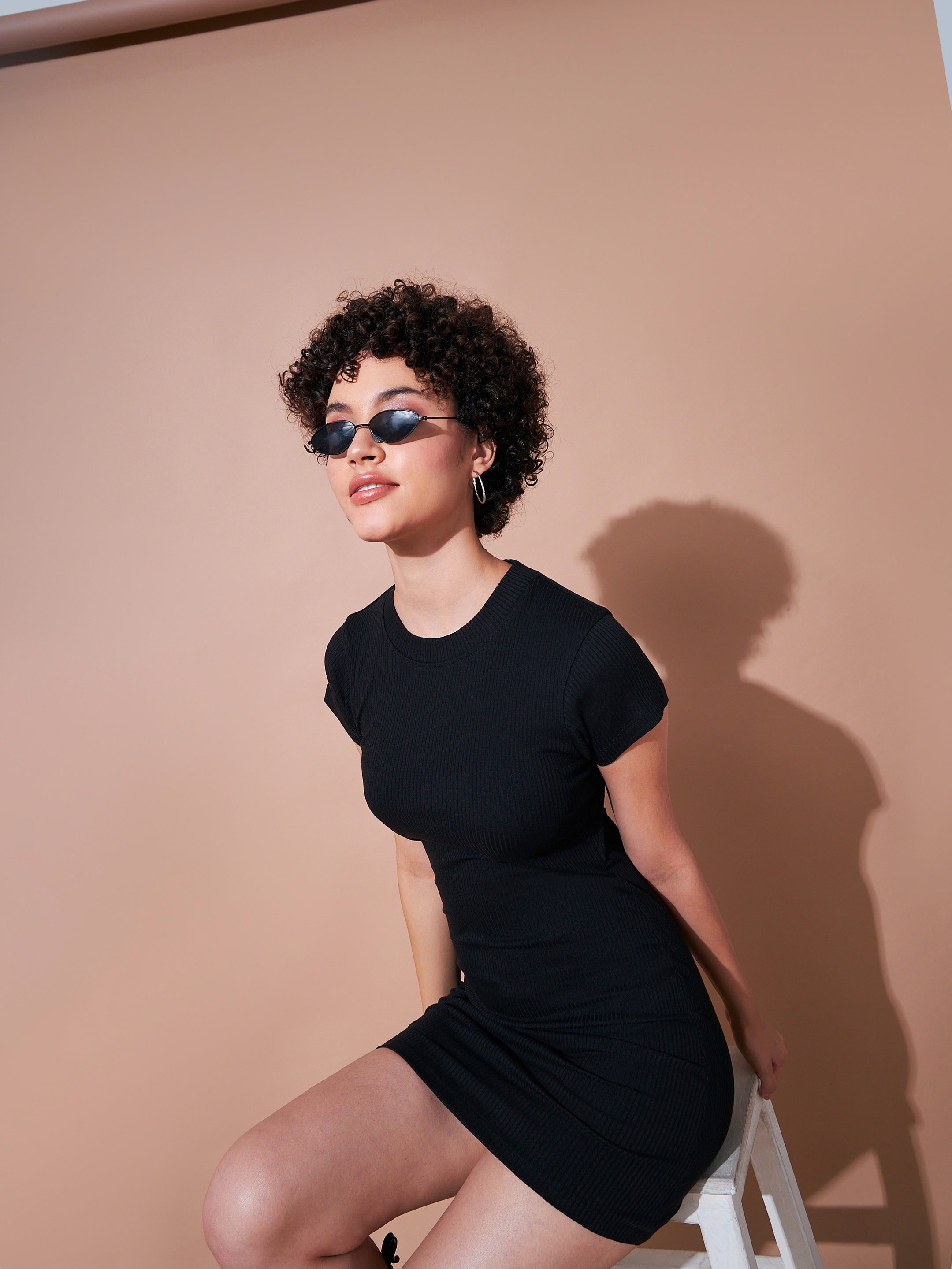 Women Black Rib Back Cut Out Bodycon Dress