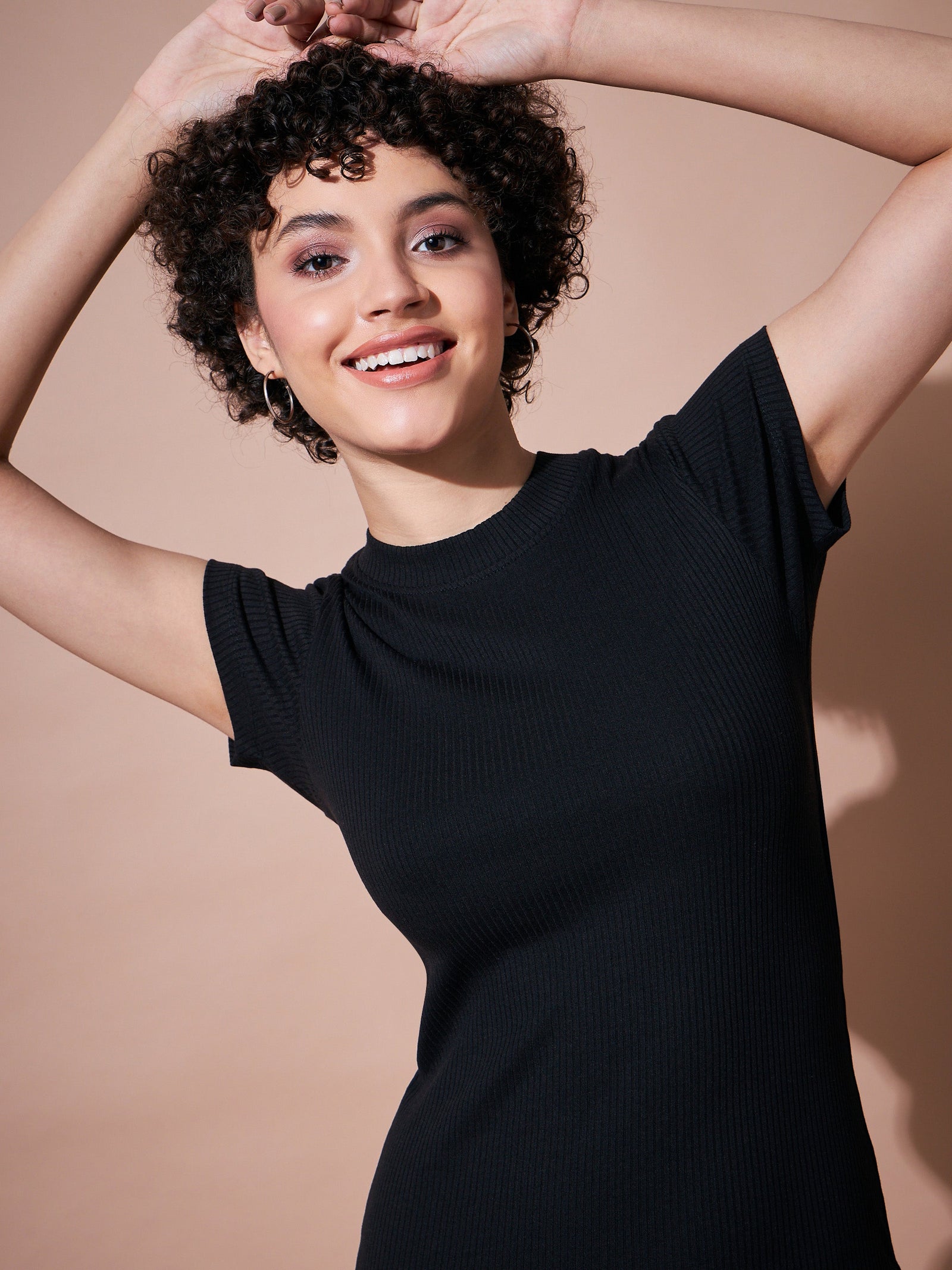 Women Black Rib Back Cut Out Bodycon Dress