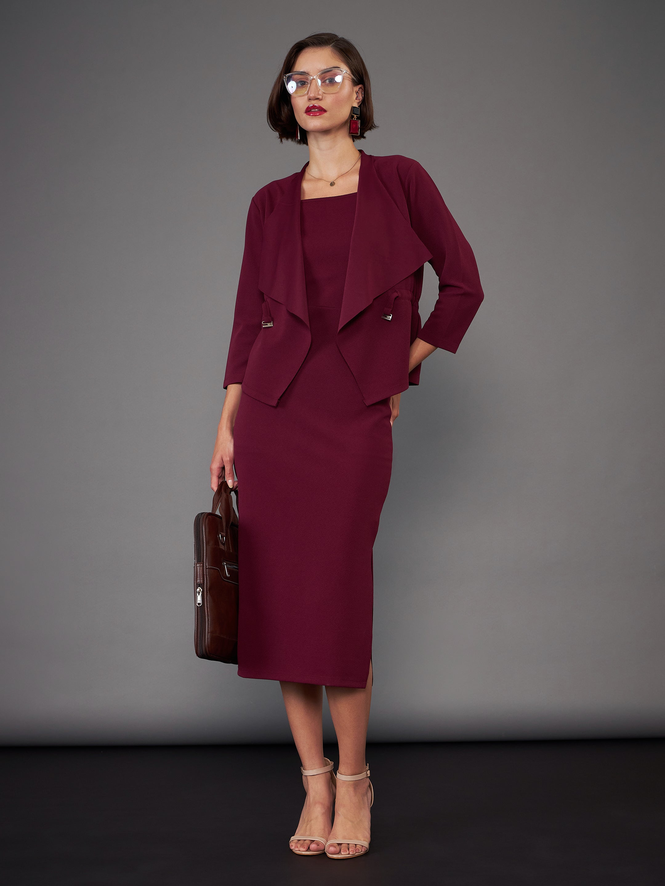 Women Burgundy Strappy Bodycon Dress With Crop Shrug – FYVA