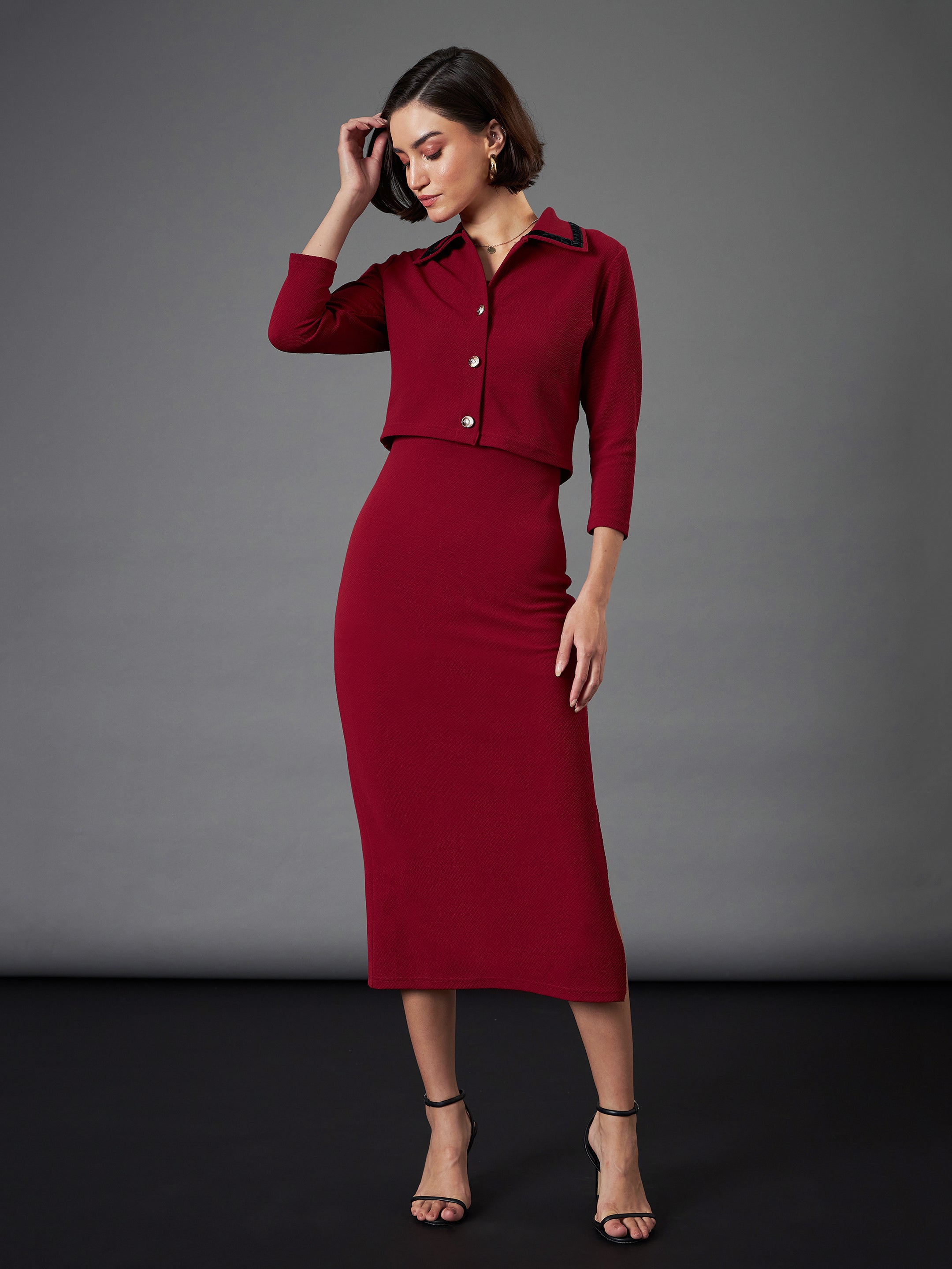 Women Maroon Strappy Bodycon Dress With Crop Jacket – FYVA