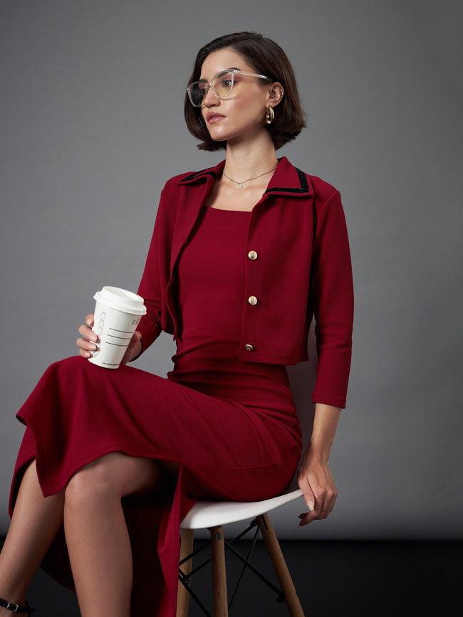 Women Maroon Strappy Bodycon Dress With Crop Jacket FYVA Women Maroon Strappy Bodycon Dress With Crop Jacket FYVA