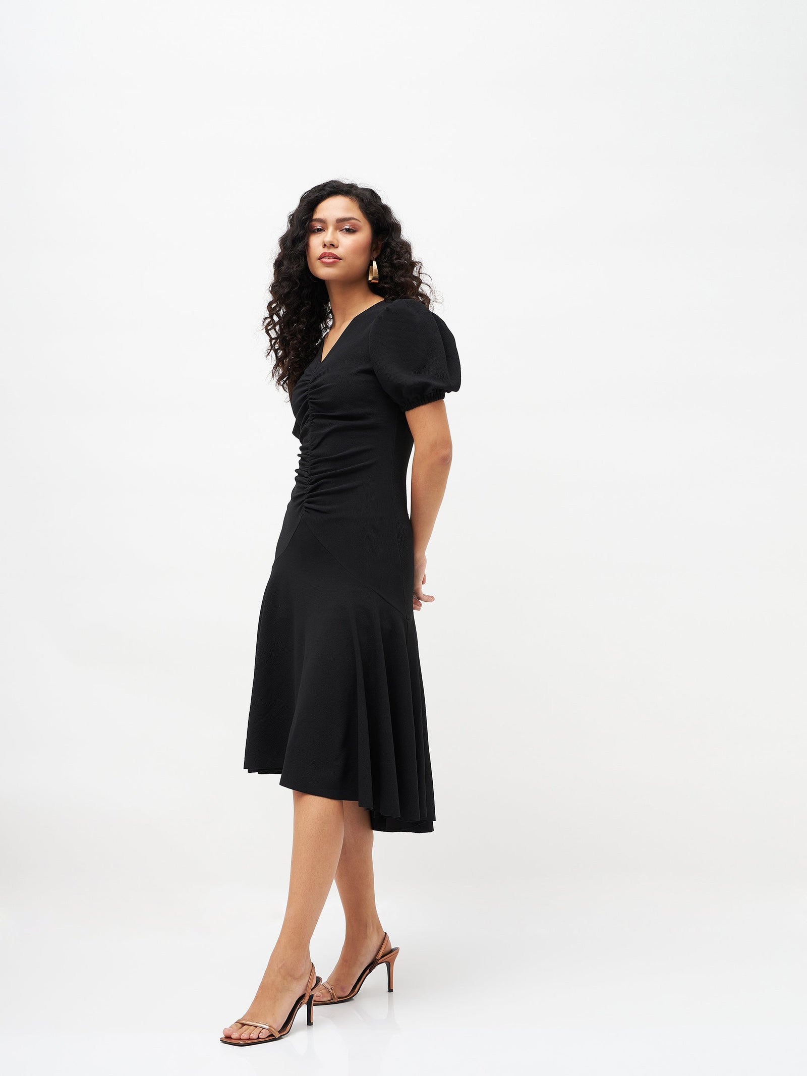 Women Black Front Ruched Midi Dress