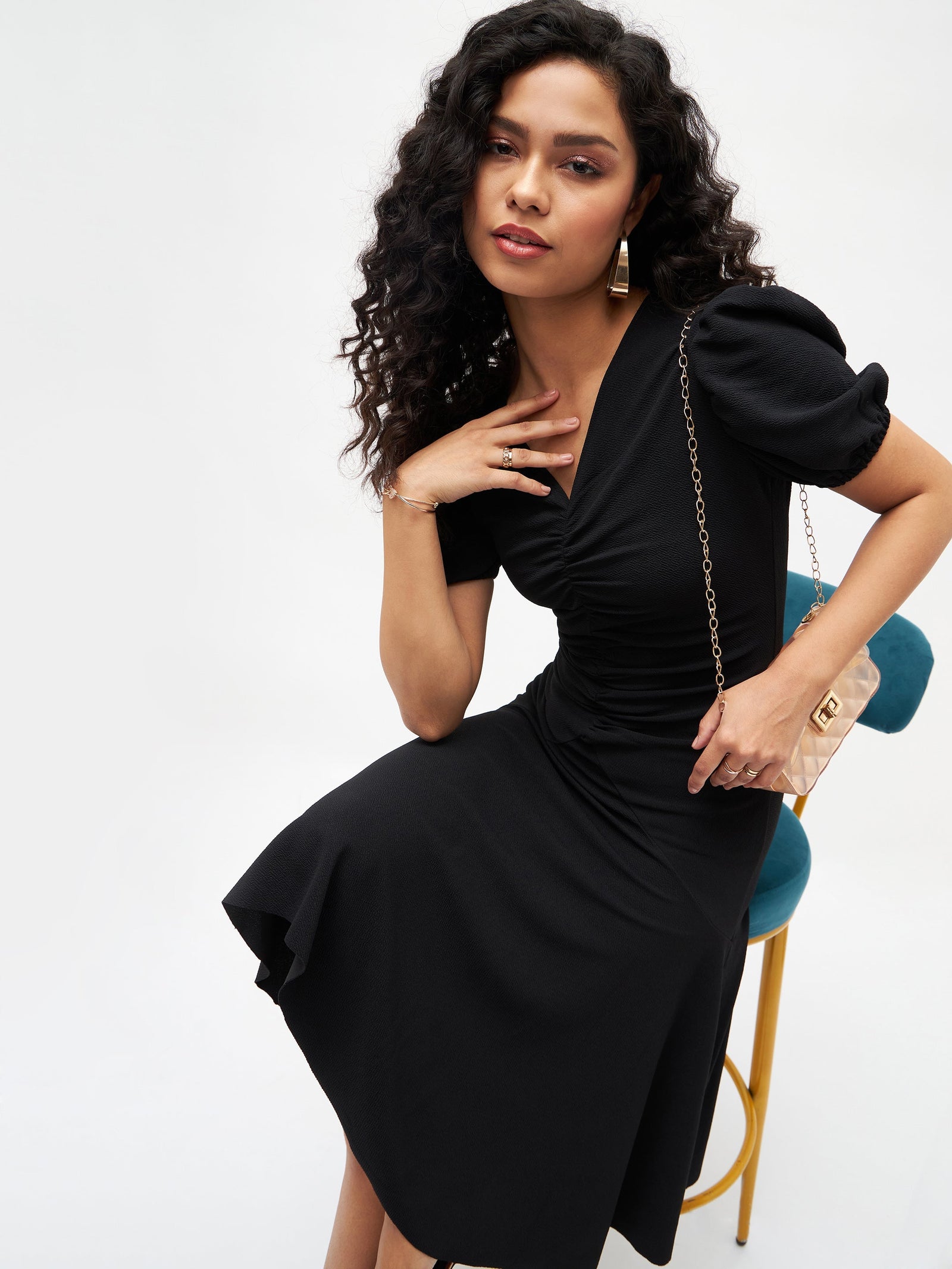 Women Black Front Ruched Midi Dress