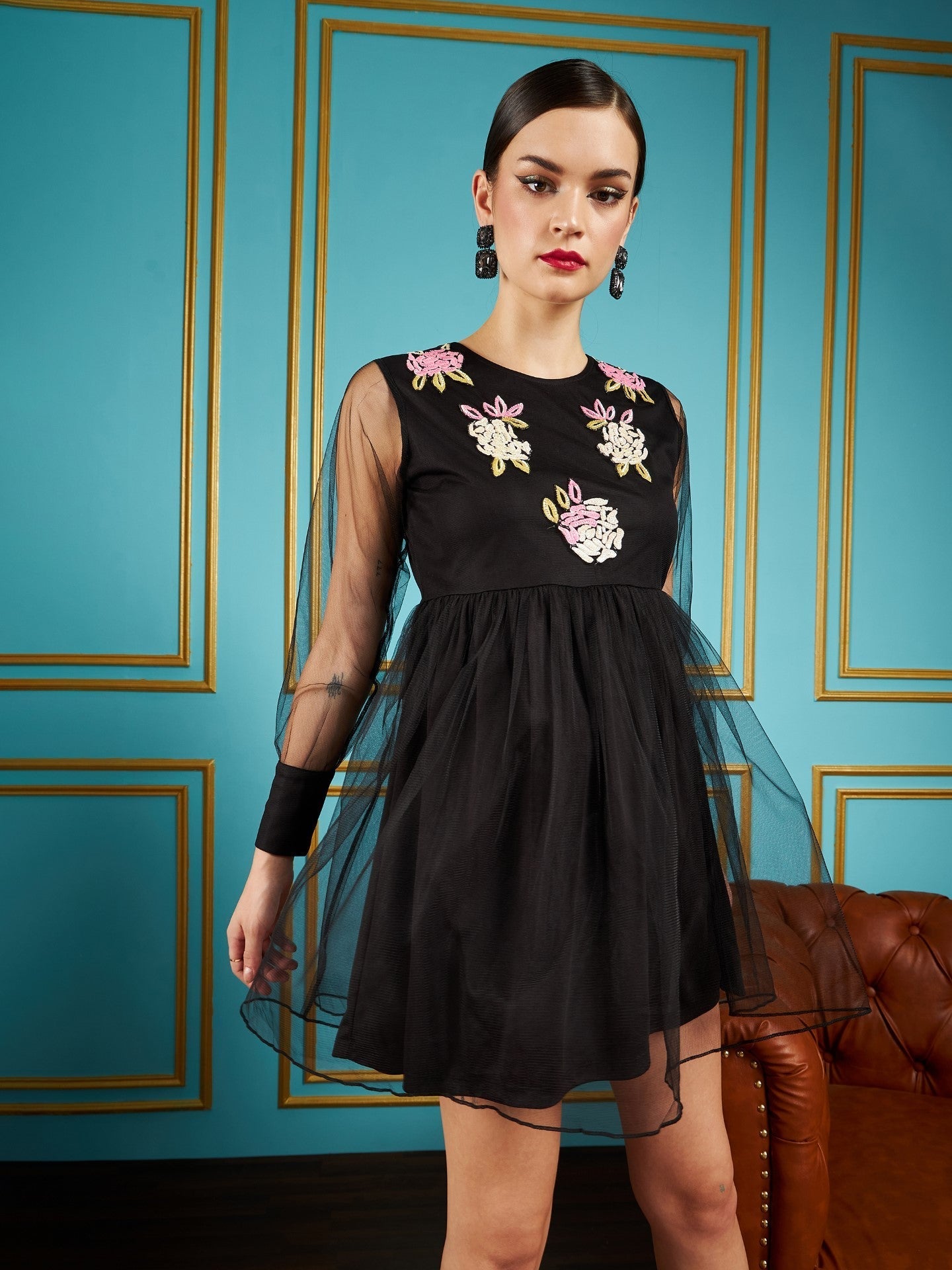 Women Black Front Embellished Mesh Skater Dress