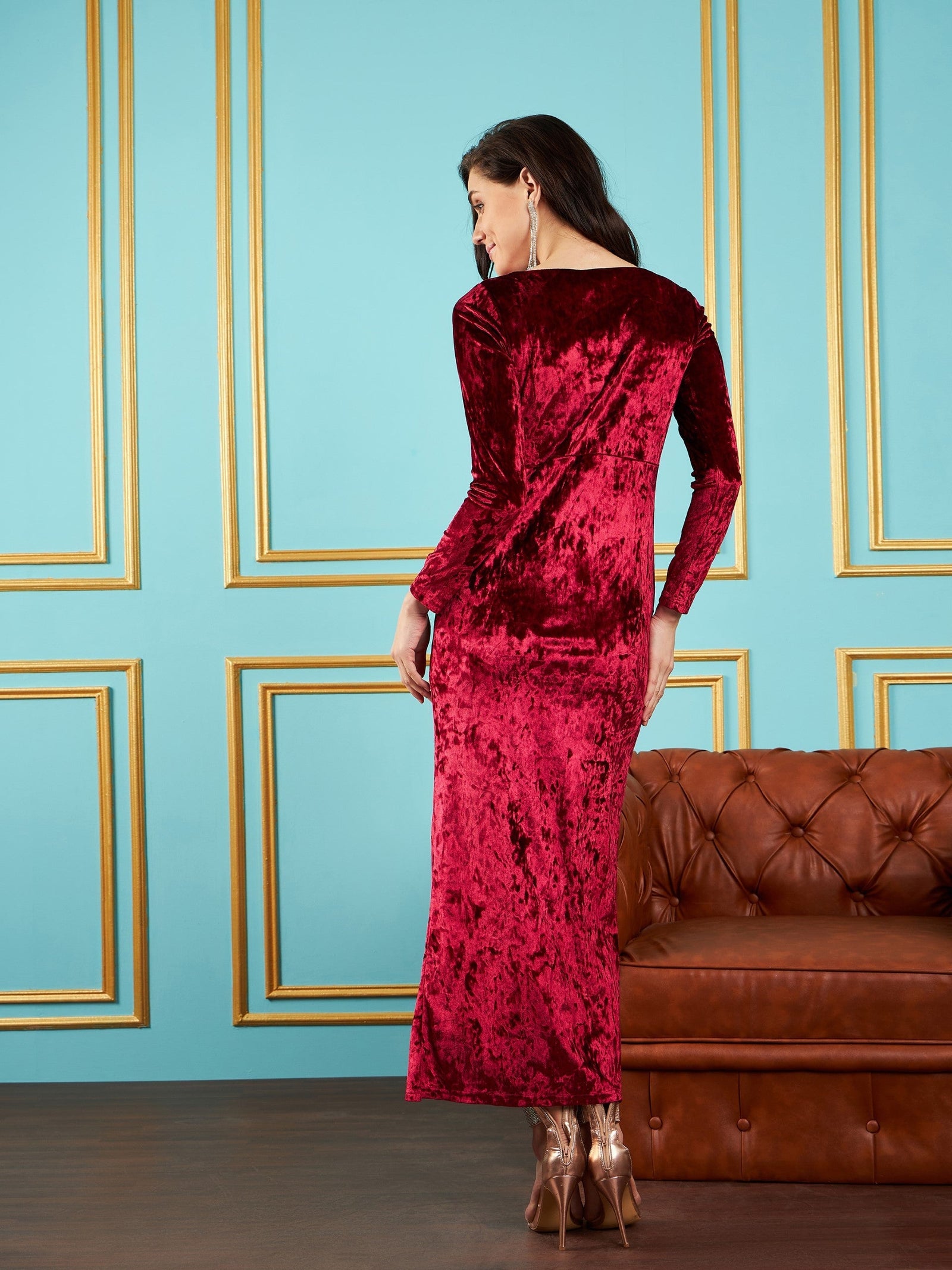 Maroon Velvet Front Slit Maxi Dress-SASSAFRAS