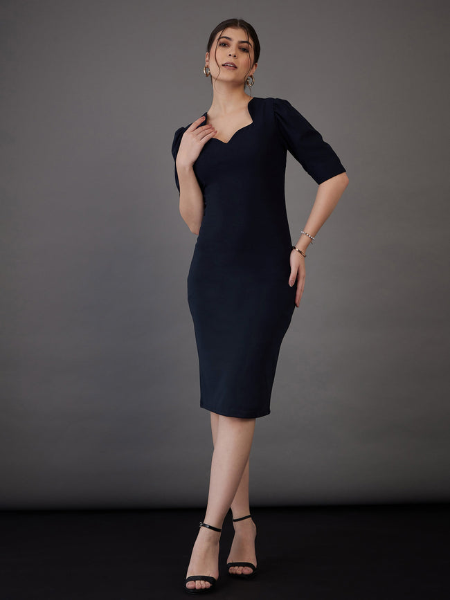 Women Navy Bodycon Midi Dress