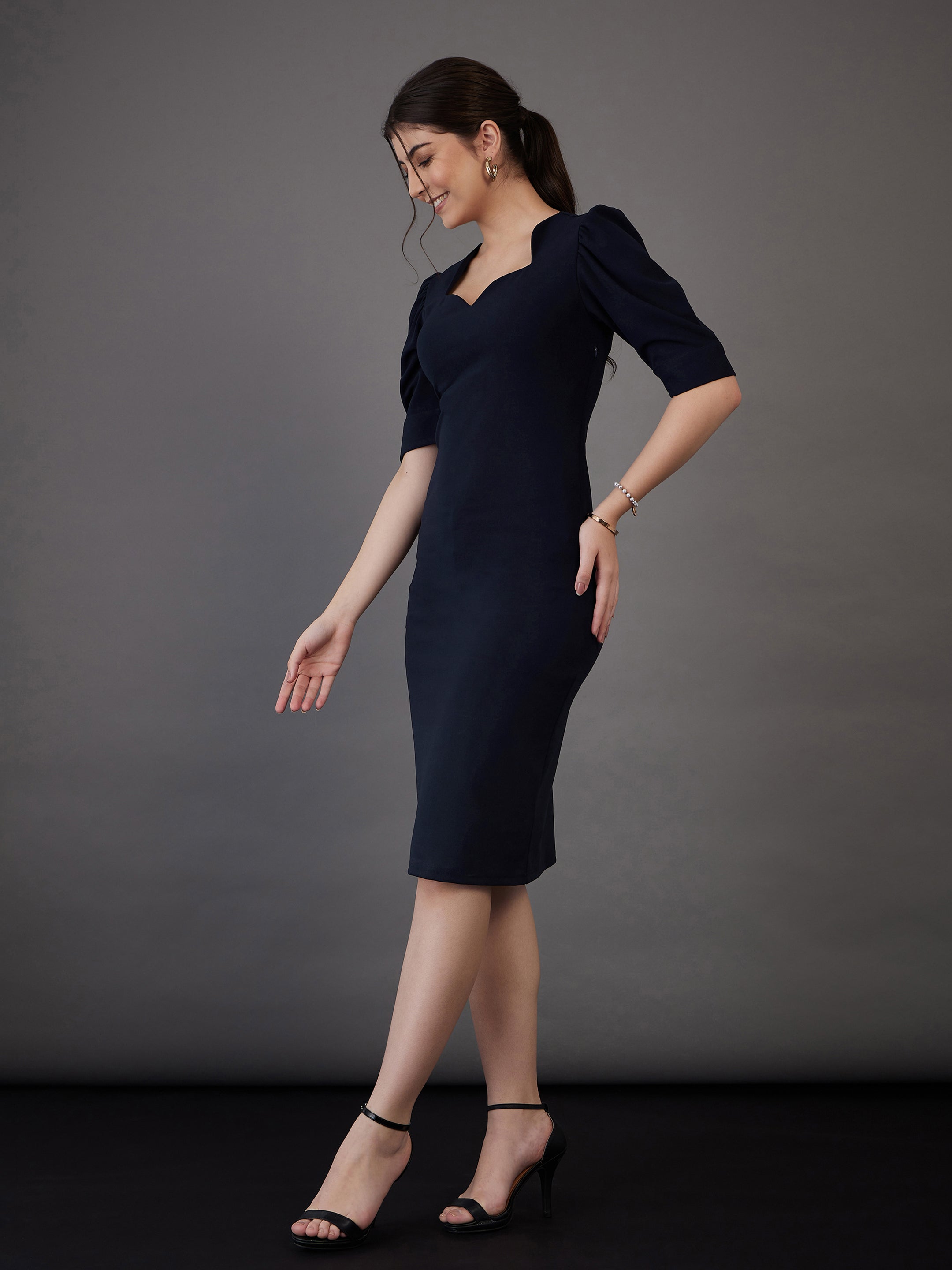 Women Navy Bodycon Midi Dress