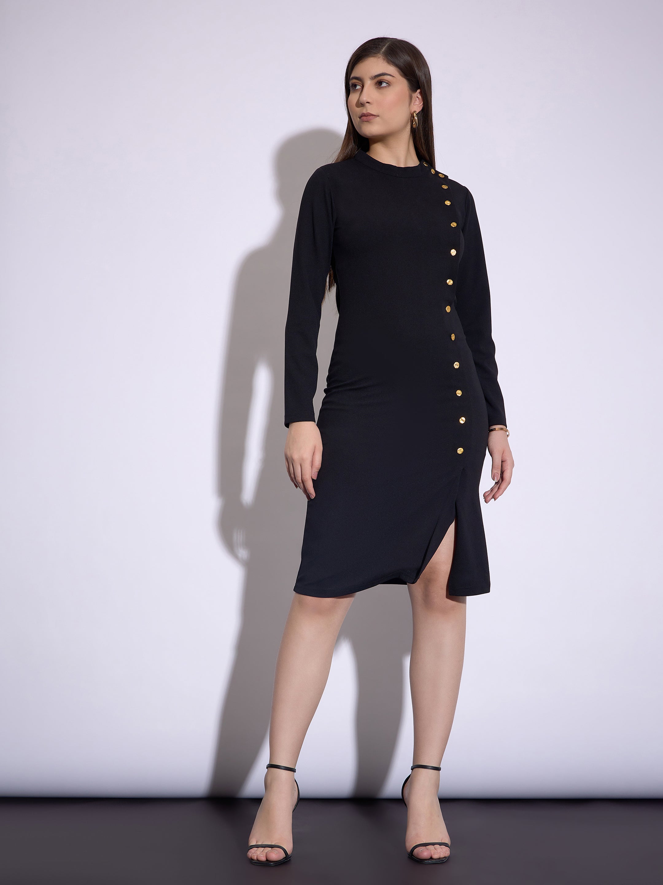 Black Front Button Bodycon Midi Dress-SASSAFRAS worklyf