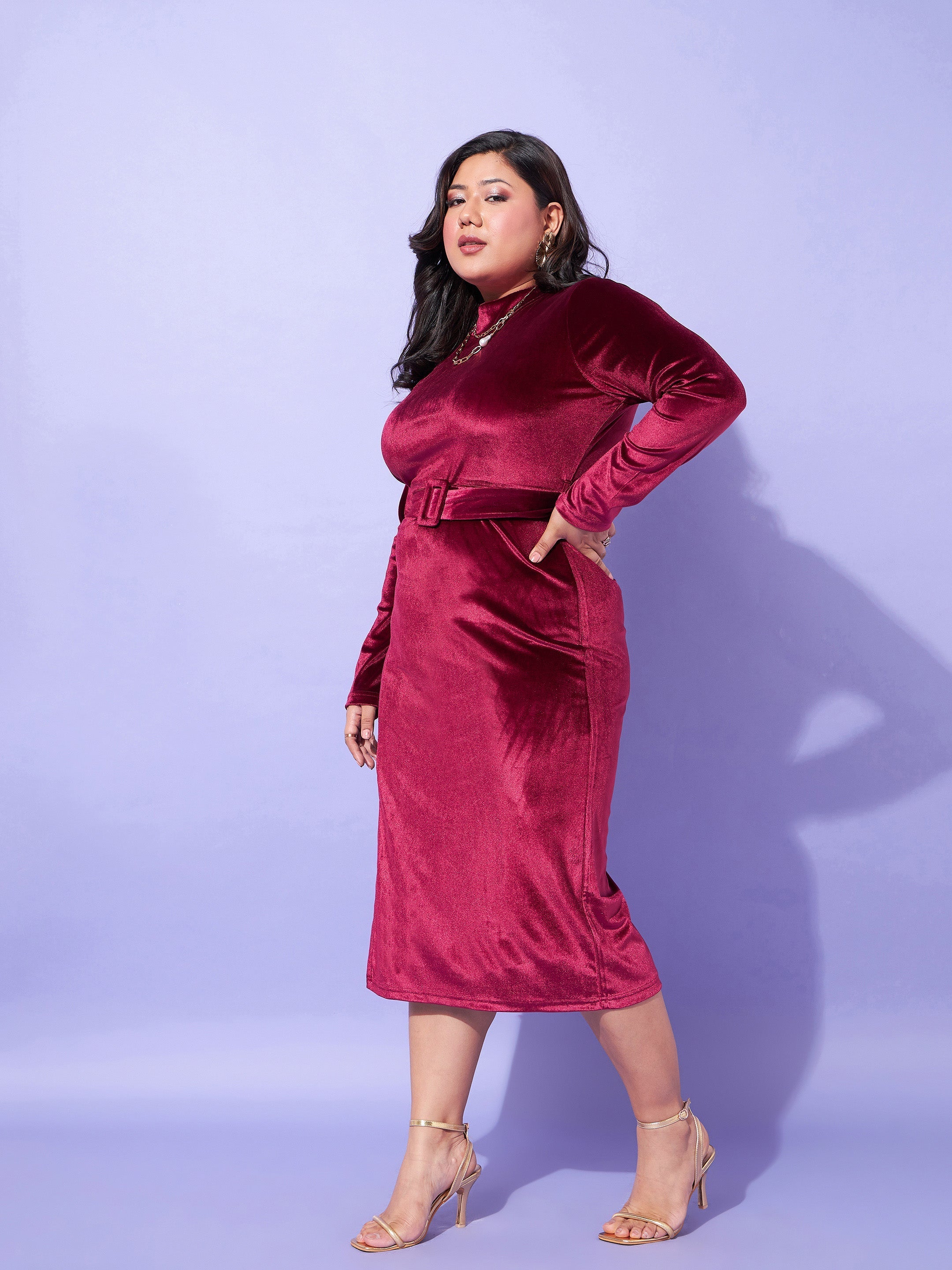 Maroon Velvet Front Slit Bodycon Dress-SASSAFRAS Curve