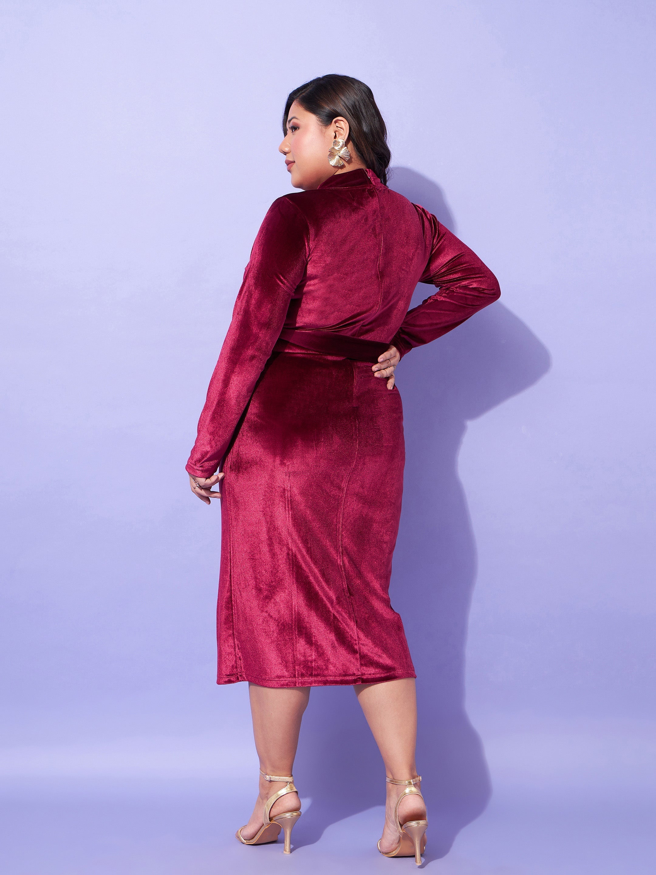 Maroon Velvet Front Slit Bodycon Dress-SASSAFRAS Curve