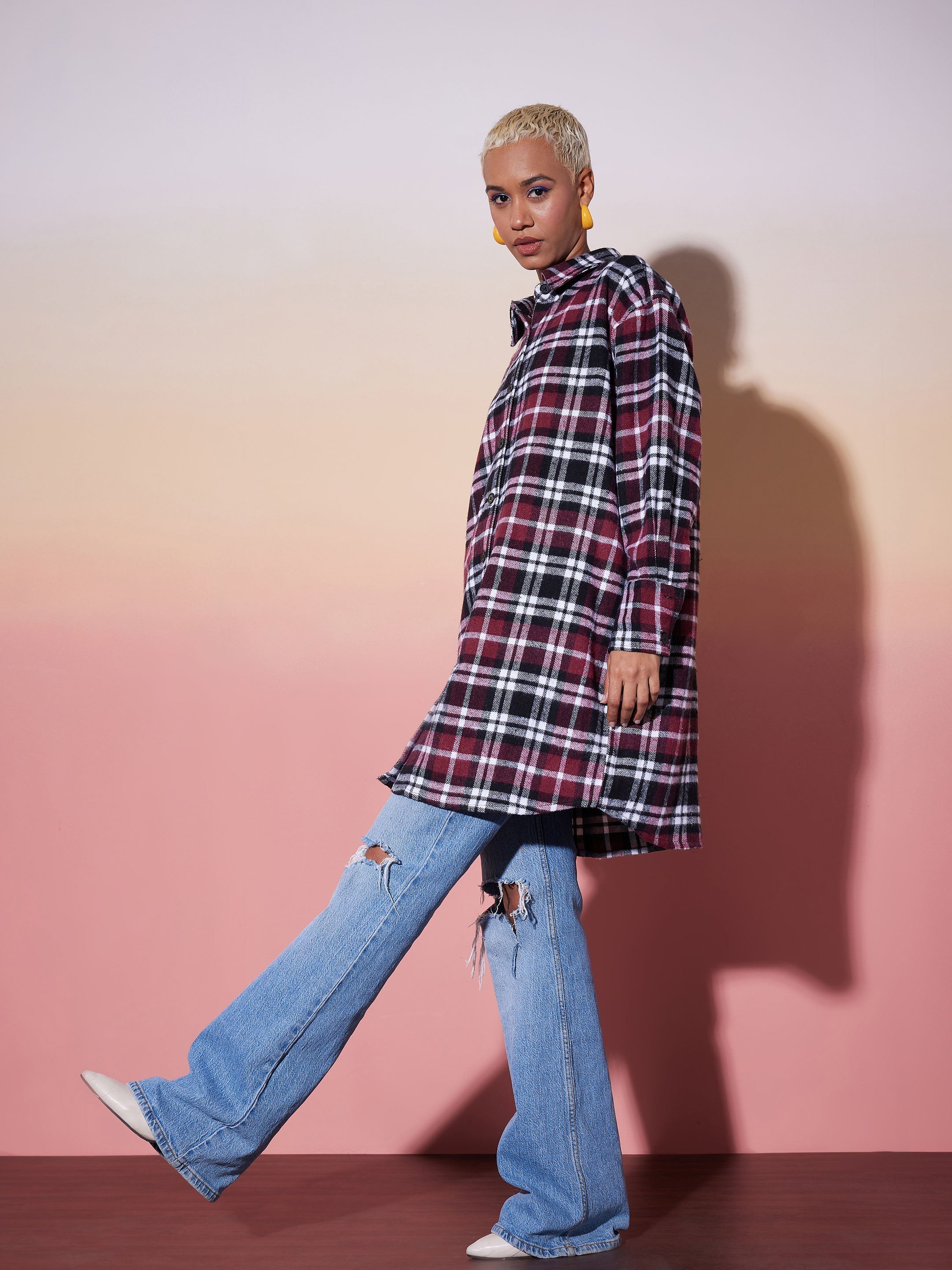 Maroon & White Check Lounge Shirt Dress-SASSAFRAS alt-laze