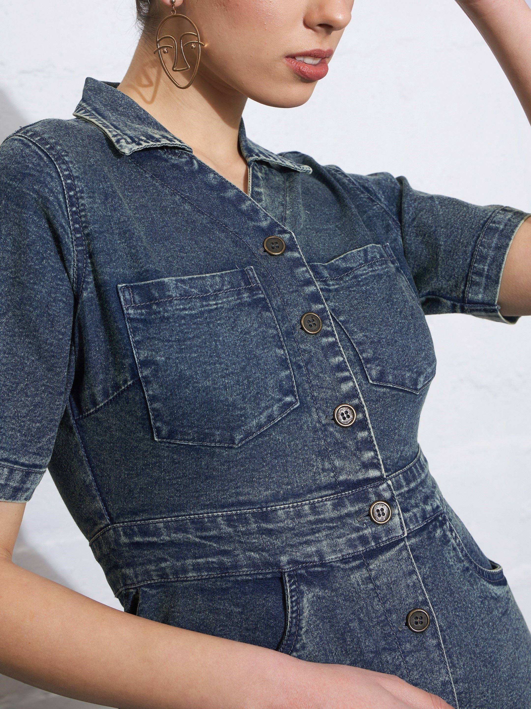 Women Blue Blast Denim Front Button Mini Dress