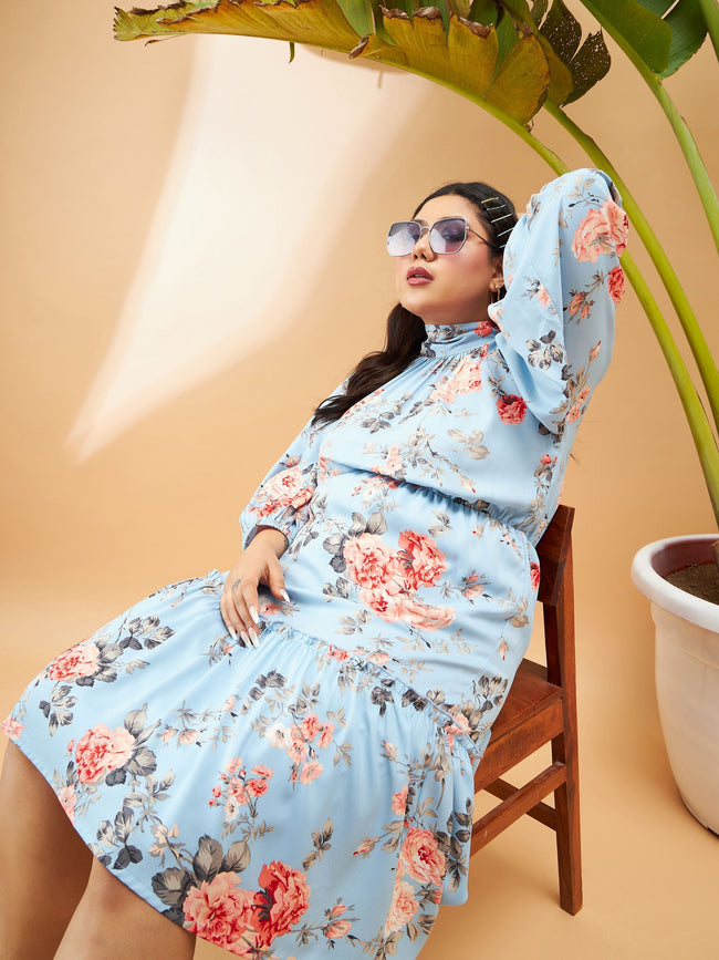 Turquoise Blue Floral Tiered Skater Dress-SASSAFRAS Curve