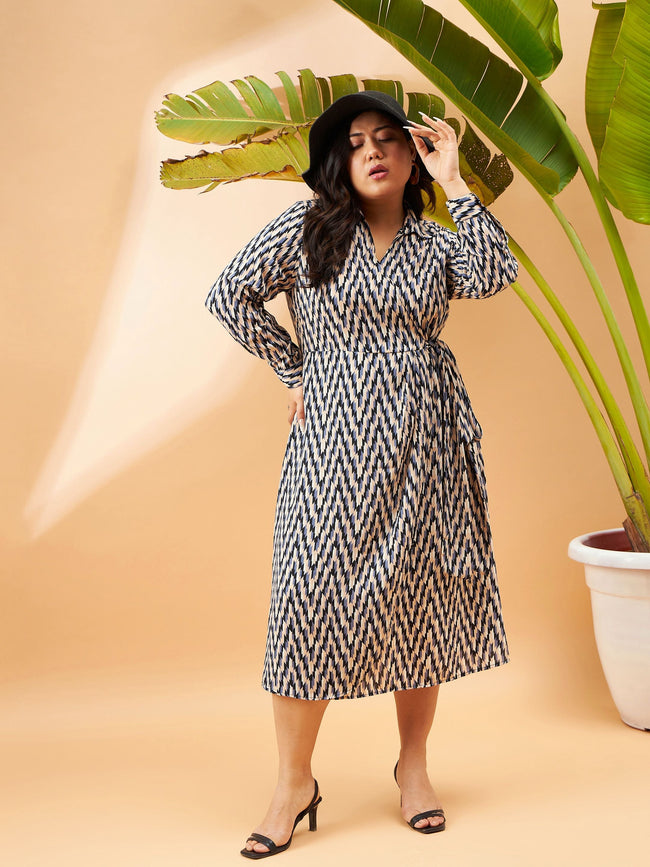 Women Black & White Geometric Printeded Wrap Dress