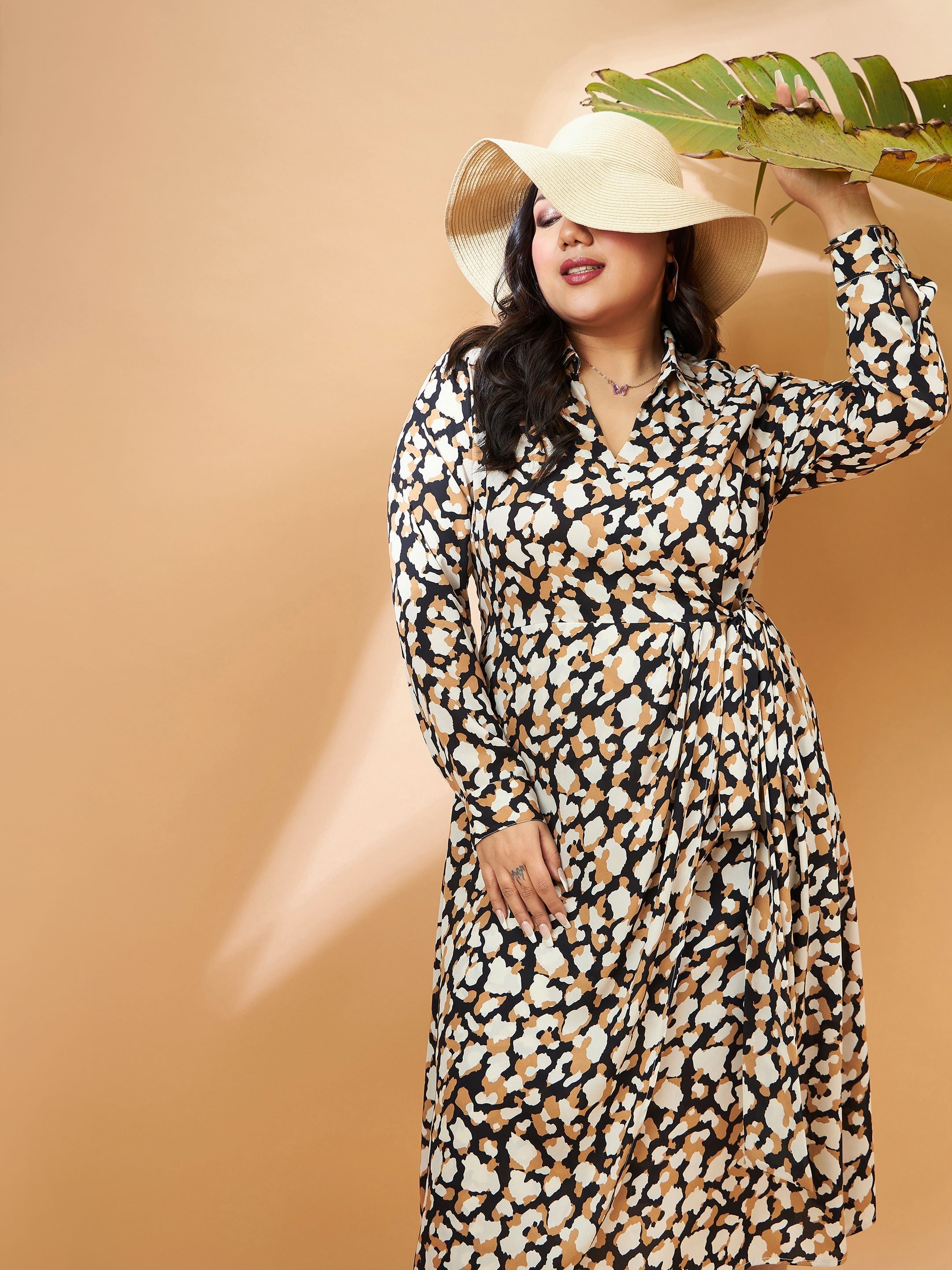 Women Black & Beige Printeded Wrap Dress