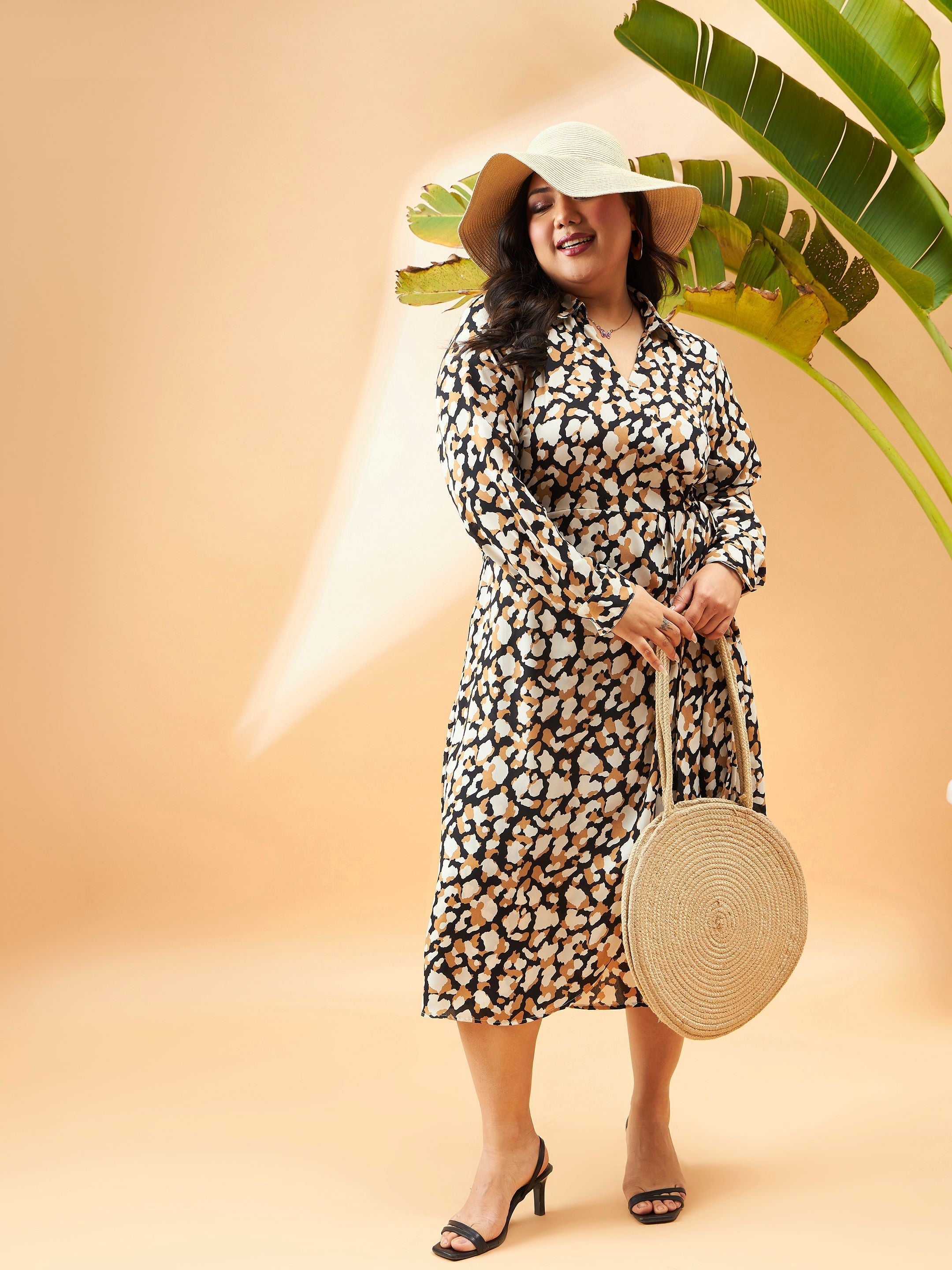 Women Black & Beige Printeded Wrap Dress