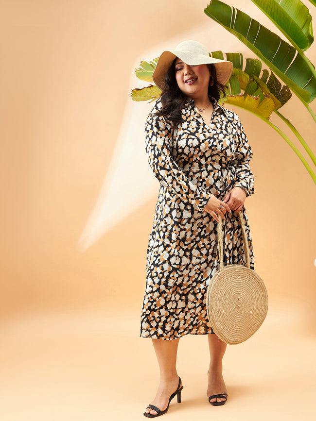 Women Black & Beige Printeded Wrap Dress