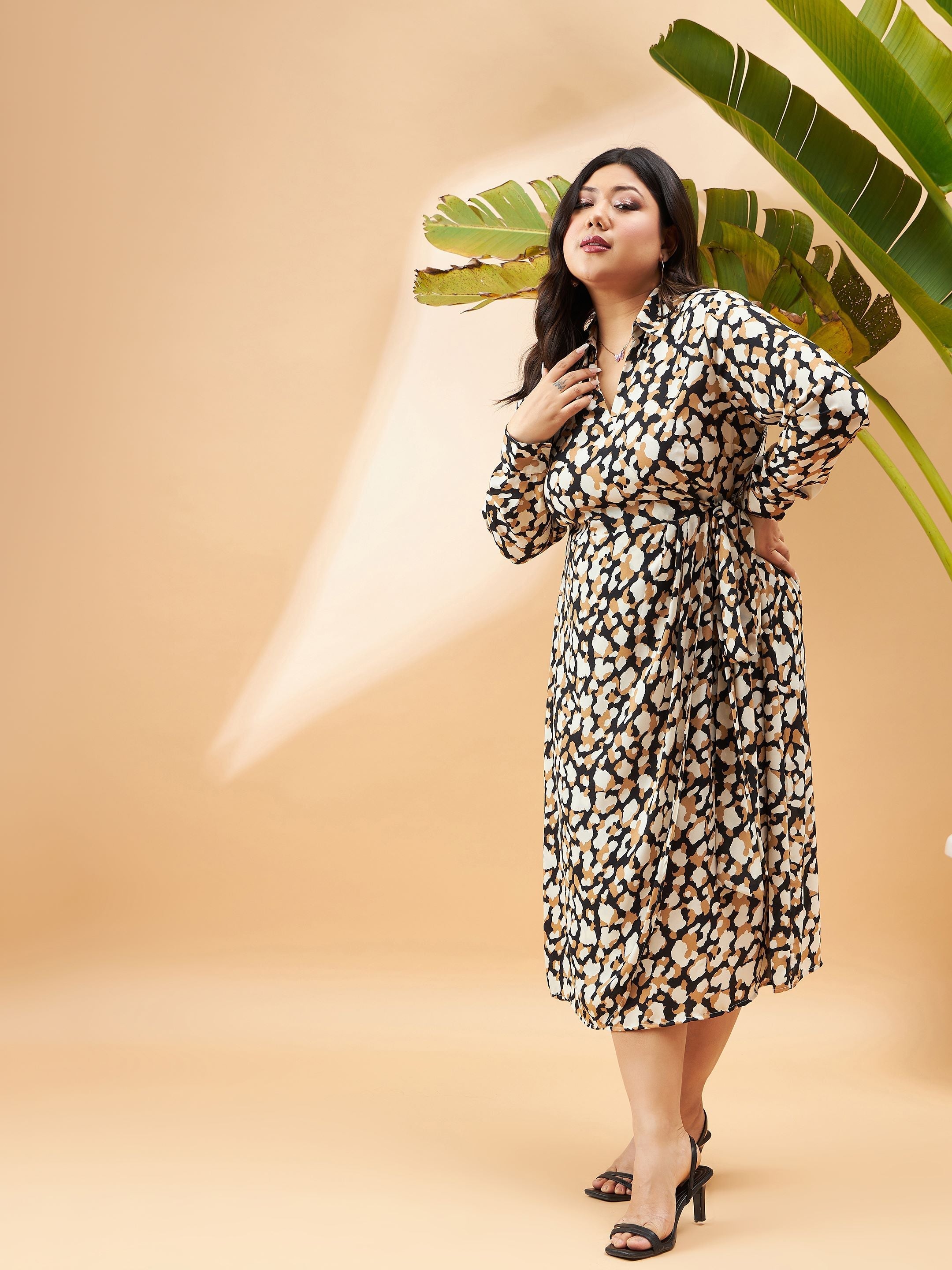 Women Black & Beige Printeded Wrap Dress