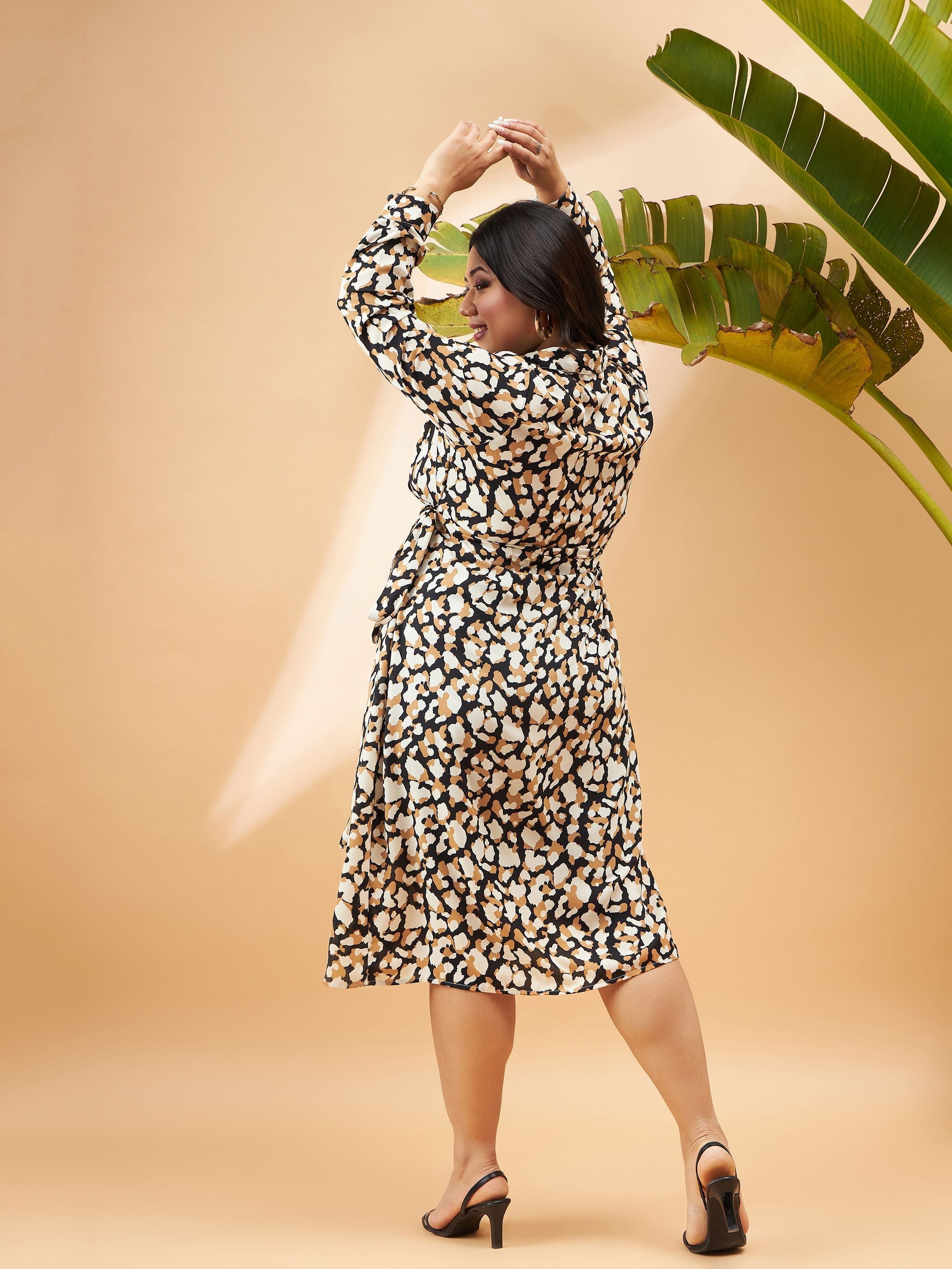 Women Black & Beige Printeded Wrap Dress