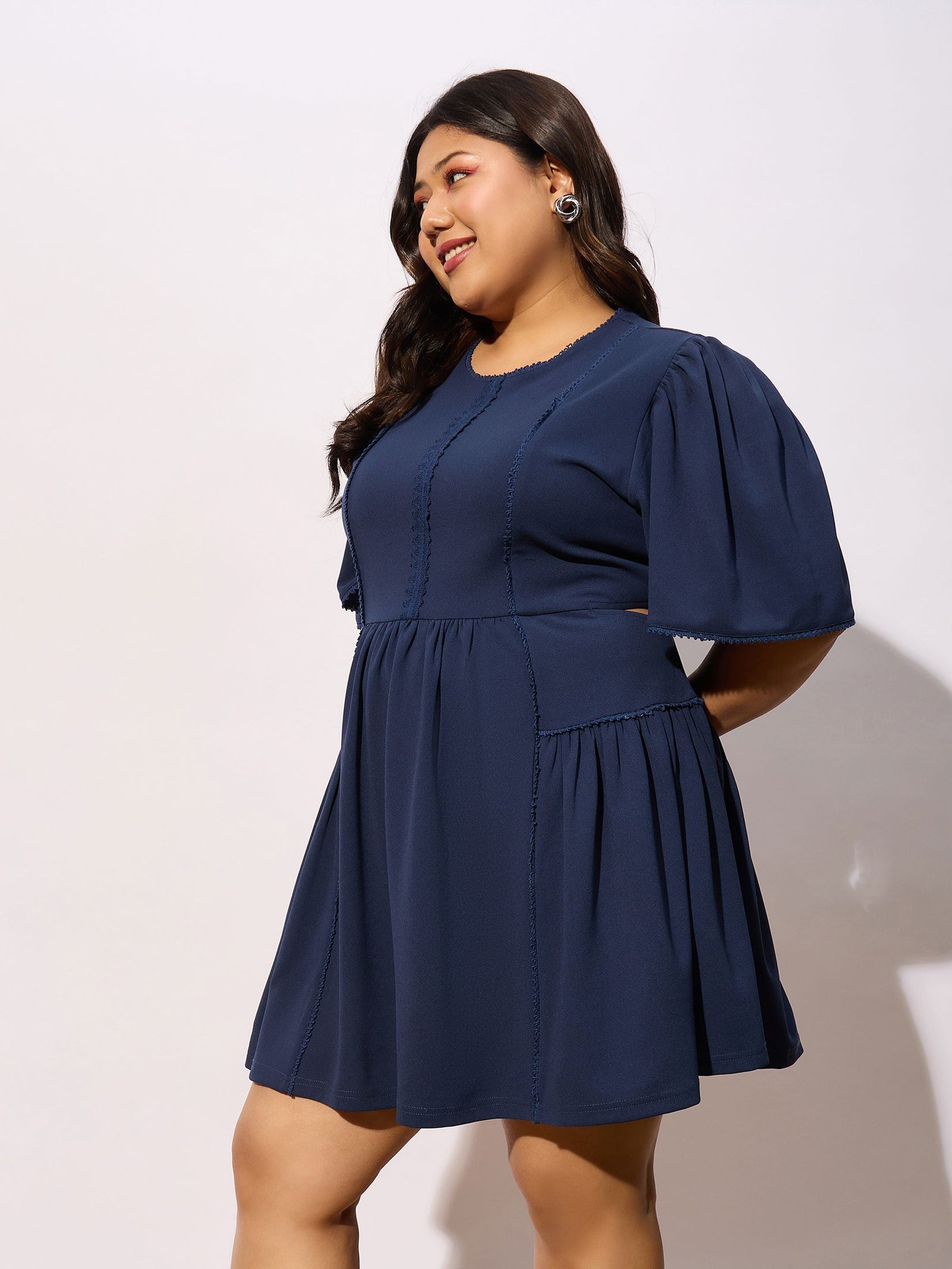 Women Navy Frill Detail Skater Dress