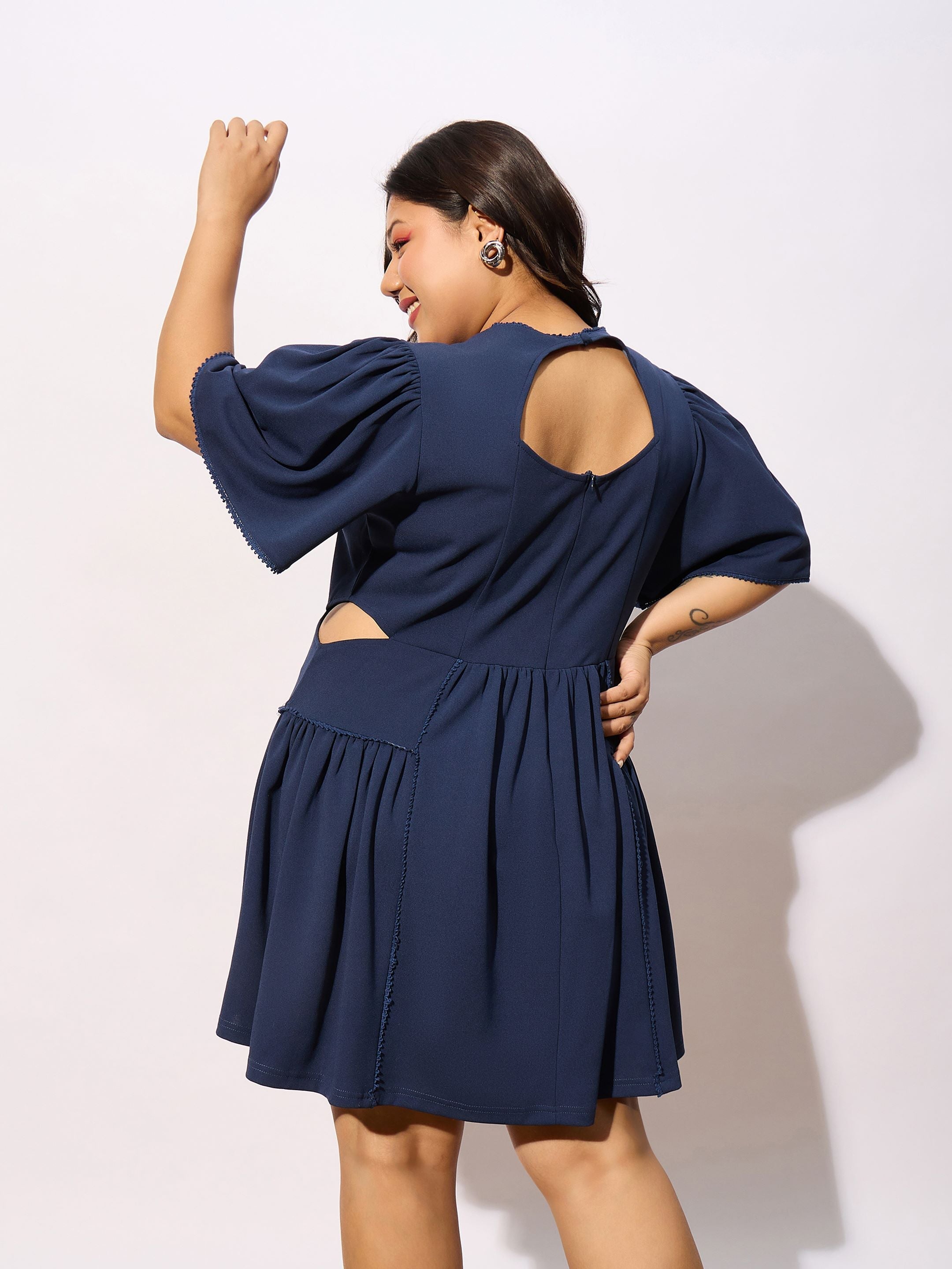 Women Navy Frill Detail Skater Dress