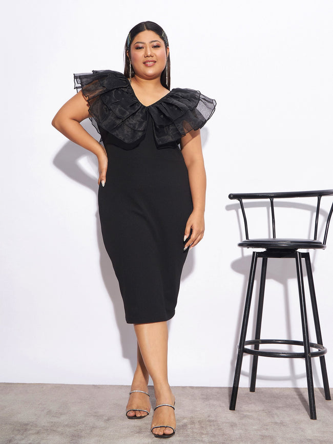 Black Organza Frill Bodycon Dress - Women's Party Mini Dress Black / 3XL