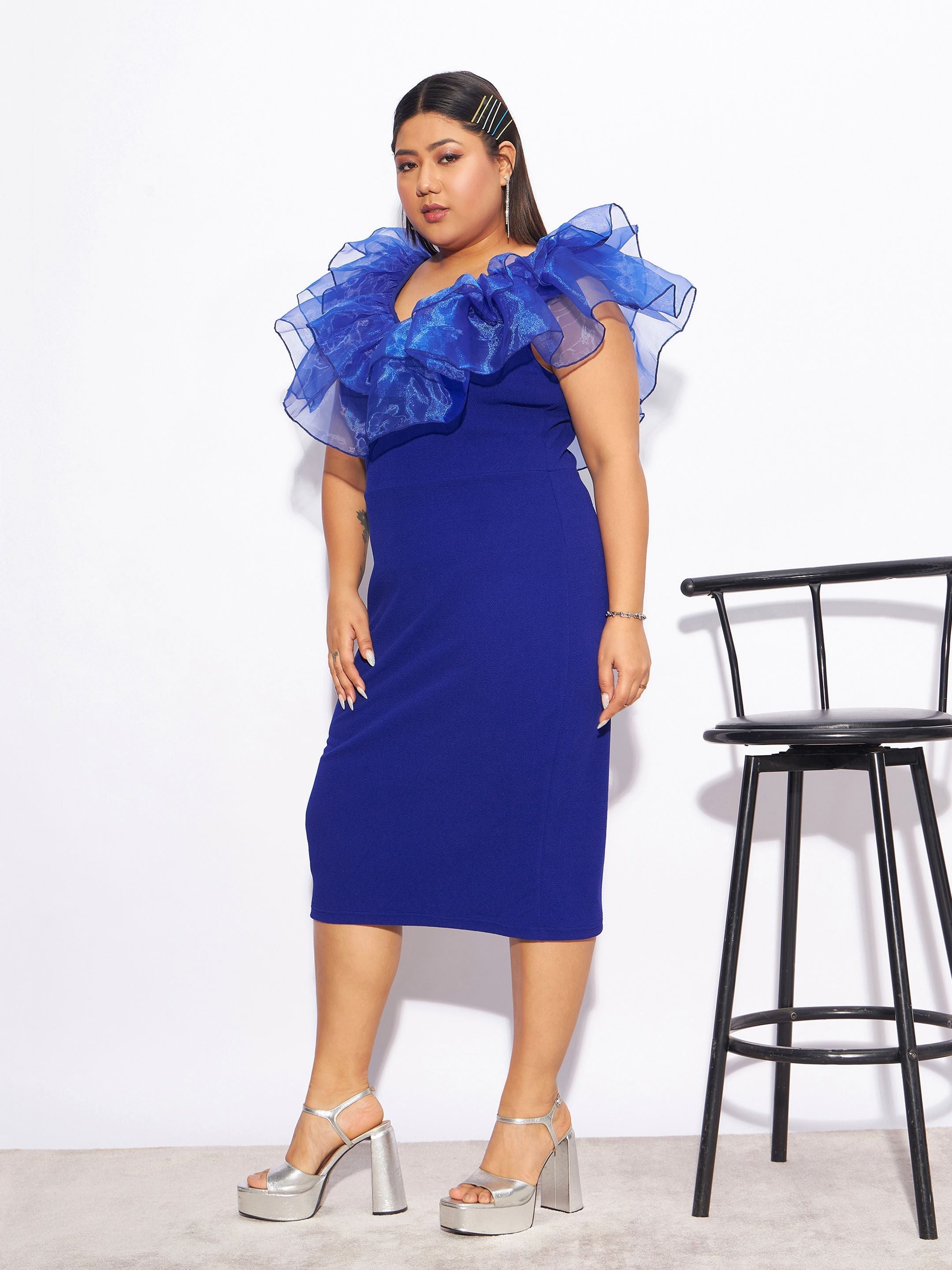 Women Navy Rib Square Neck Dress