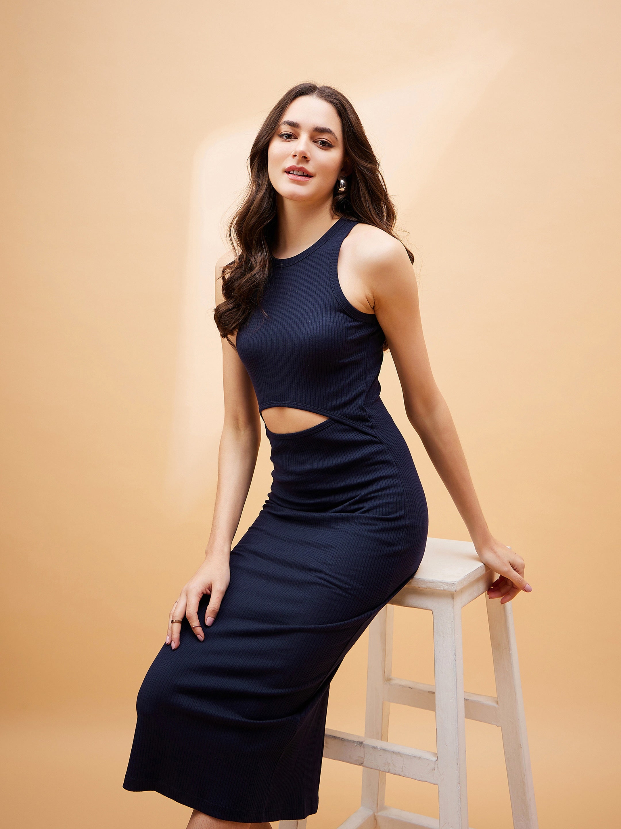 Navy Blue Front Cut Out Rib Midi Dress-SASSAFRAS BASICS