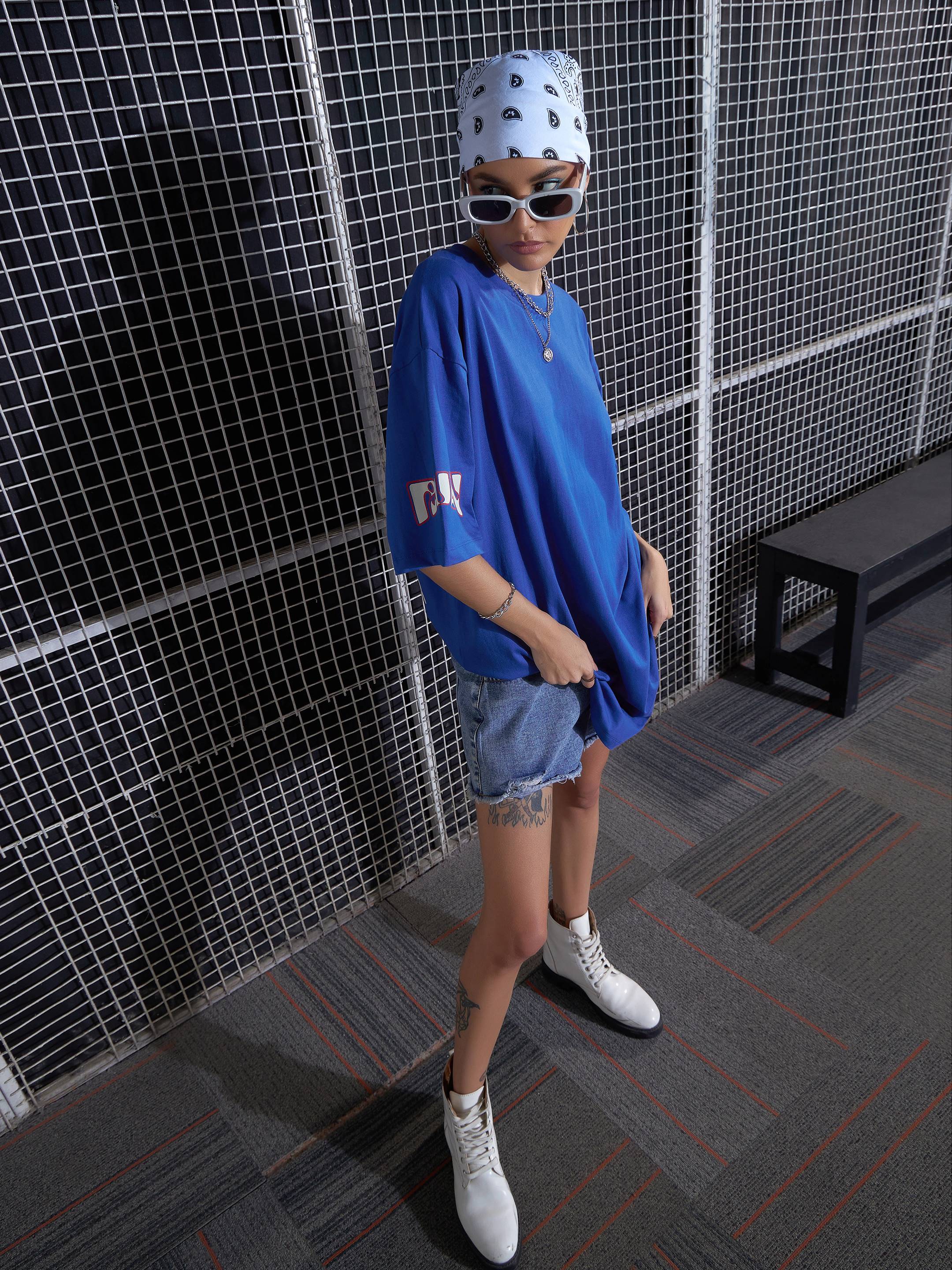 Women Royal Blue Fun Printed Oversized T-Shirt Dress