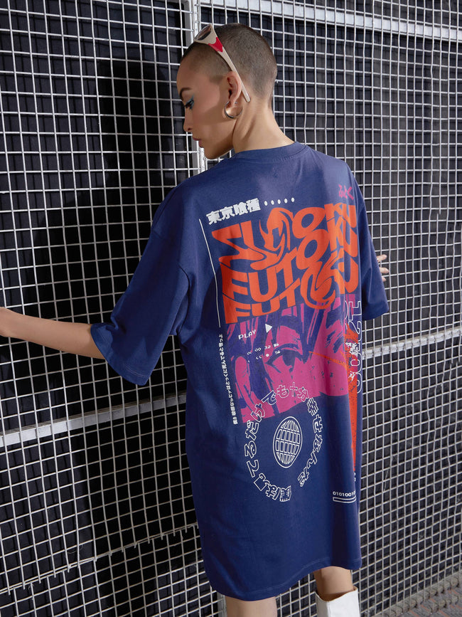 Women Navy Futoku Printed Oversized T-Shirt Dress