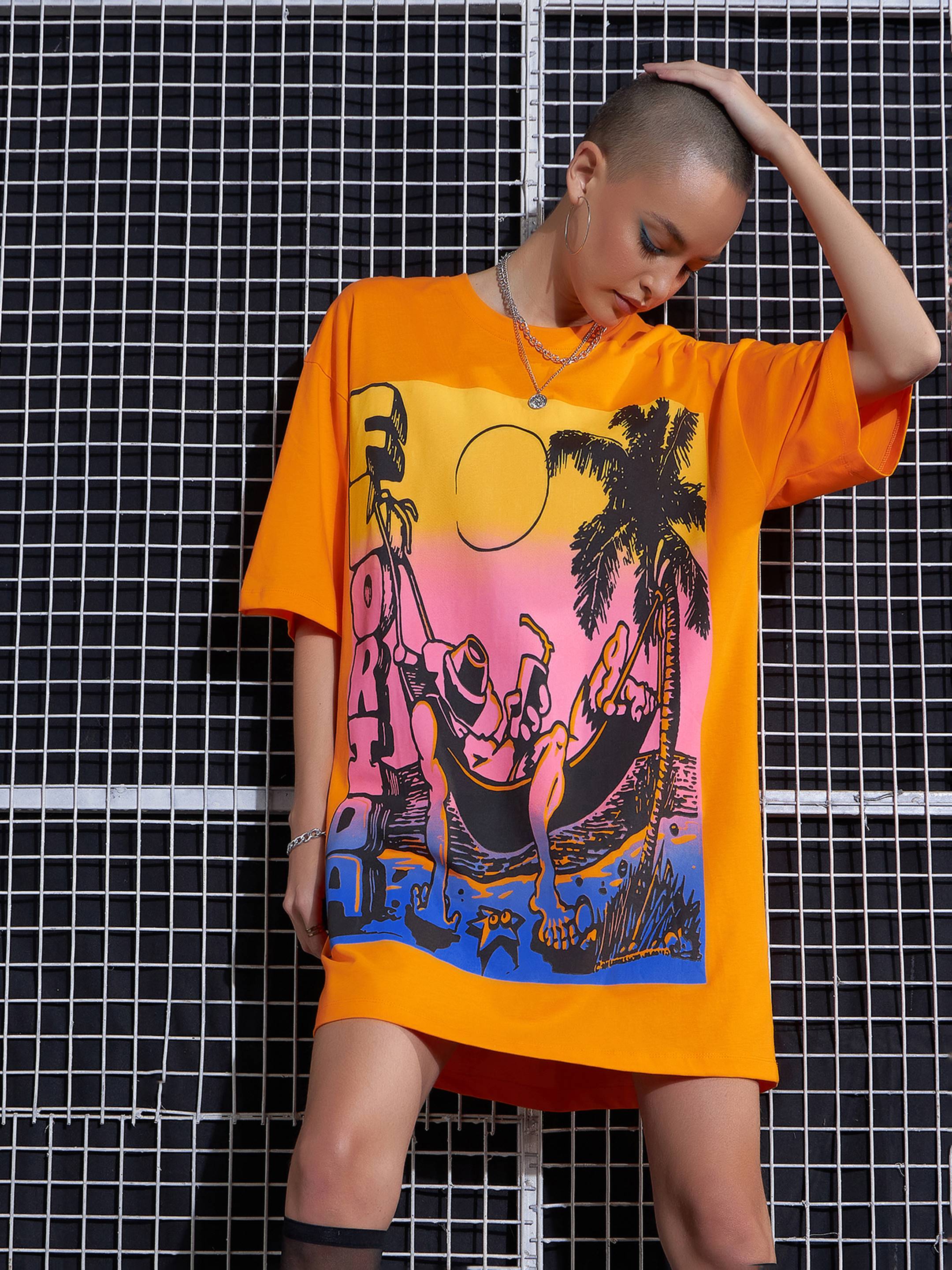 Women Orange Florida Printed Oversized T-Shirt Dress